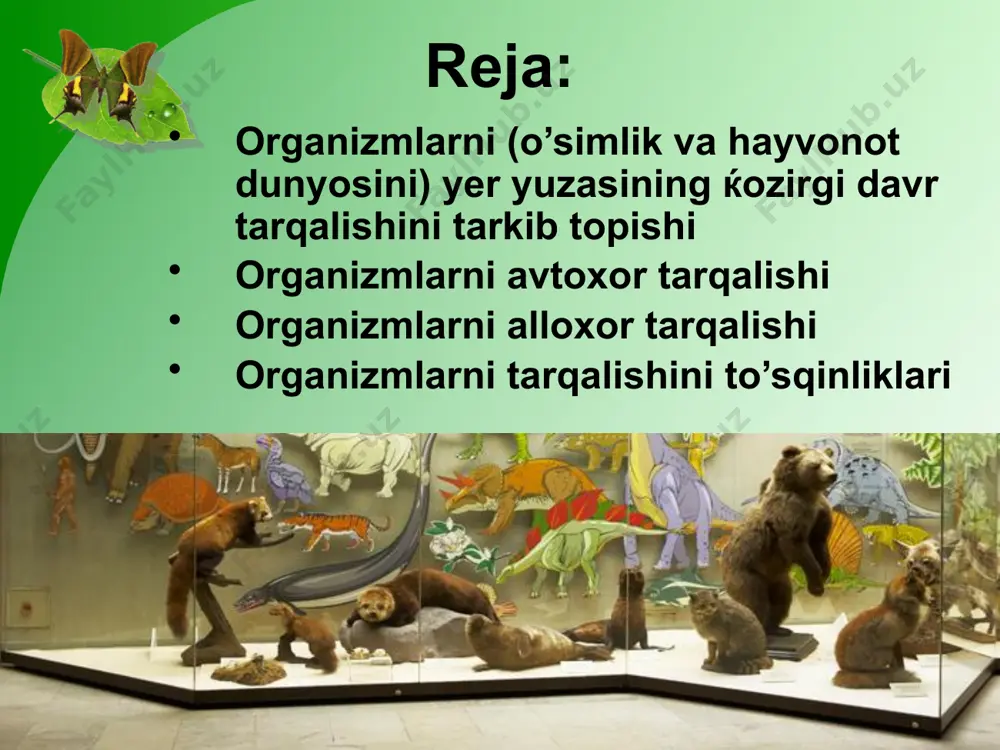 ko’ra bir necha grupaga: baroxor, anemoxor, gidroxor, zooxor va antropoxor grupalariga bo’linadi. baroxor o’simliklar deb, o’rug’i dunyo tortishish kuchlari (sila tyajesti) ta’sirida tarqaladigan o’simliklarga aytiladi. anemoxor o’simliklarga urig’i shamol vositasida tarqaladigan o’simliklar (zamburug’lar, grushankalar, qayrag’och, aylant, zarang, buk, lipa, bignoni, djuzgun, tol, terak, kandur, kipreya, kuray, tuya o’ti, (salonchak astrasi) kiradi. gidroxor o’simliklarga urug’i suv bilan tarqaladigan o’simliklar kiradi. ular faqatgina suvo’tlarini zmas, balki daryo va dengiz yoqalarida o’sadigan o’simliklarni ham o’z ichiga oladi. masalan kanallar bo’ylab baxsh daryosi vodiysida suv yordamida qishloq xo’jaligi uchun zararli bo’lgan g’umoy utloqlari tarqalgan. xuddi shu yo’l bilan tinch okeanining tropik zonasi orollarida kakos palmasi tarqalgan. ba’zan suv faqatgina urug’larni emas balki daraxtlarni ham oqizib ketadi. bunday holda daraxlar tanasi va shoxlari parazit va epifit holda yashaydigan organizmlar ham tarqaladi. daraxtlar orqali bazi bir umurtqasiz va hatto umurtqali hayvonlar ham tarqalishi mumkin. zooxor o’simliklarga hayvonlar yordamida tarqaladigan o’simliklar kiradi. hayvonlar birinchidan o’simlik urug’larini yutib …
