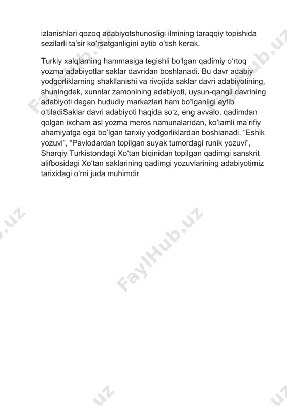 tan biqinidan topilgan qadimgi sanskrit alifbosidagi xoʻtan saklarining qadimgi yozuvlarining adabiyotimiz tarixidagi oʻrni juda muhimdir 1 - bilet 3 - savol . qo ‘ rqut ota kitobi necha hikoyatdan iborat. qorqut ota kitobi 12ta hikoyatdan tashkil topgan bo ‘ lib ? bu hikoyatlarning aksariyatida jamiyatning yuqori tabaqa vakillari xonlar ? beklar asosiy qahramonlar sifatida gavdalantiriladi hamda ularning tabiatidagi shuhratparastlik ? hasadgo ‘ ylik ? o ‘ ch olishga intilish kabi illatlar ochib beriladi.ularning ichiga xa lq turmushidan olingan ibratli so ‘ zlar ? uzoq tajribadan chiqarilgan hikmatlar singdirib yuborilgan. 2 - savol . turkiy xalqlar folklori na ’ munalari. turkiy xalqlar folklori hajm jihatdan katta ? badiiy jihatdan yet uk asarlardir.go ‘ ro ‘ g ‘ li turkumidagi dostonlarning usmonli turklarda ? ozorbayjon ? turkman va o ‘ zbeklarda bir qancha variantlari mavjud.alpomish ? manas ? dada qorqut kabi dostonlar haqida ham shuni aytish mumkin. oshiq g ‘ arib ? …