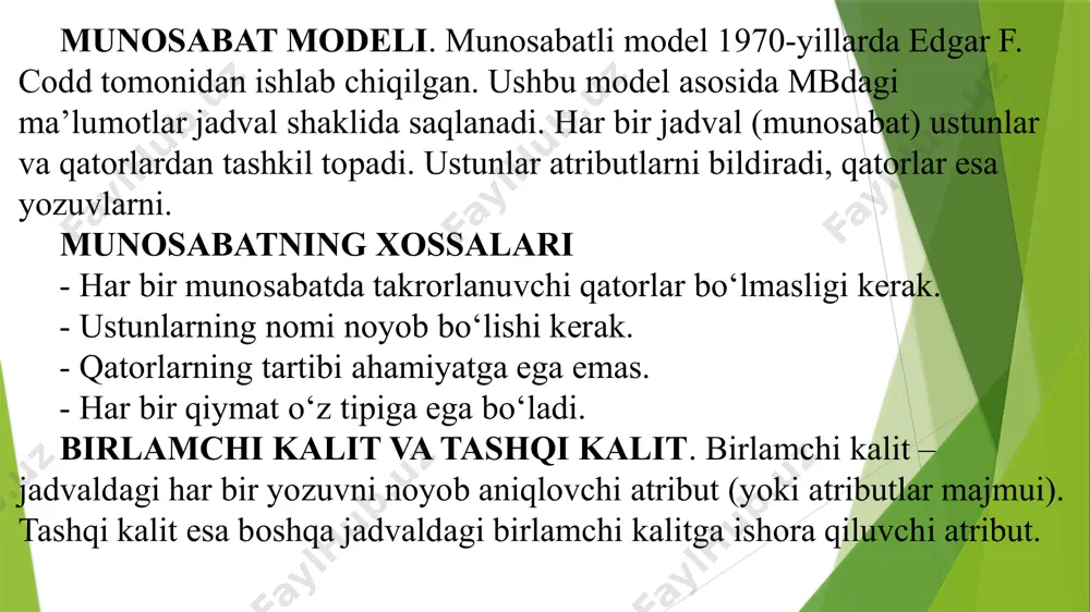 nosabat (jadval) kompyuterlarning xotirasida fayl ko‘rinishda joylashadi. jadval hamma uchun qulay bo‘lishi bilan bir qatorda ma‘lumotlarni manipulyatsiya qilishning asosiy uch operatsiyasini bajarish birmuncha noqulaylikni ham tug‘diradi, asosan tartiblash, guruhlash va daraxt ko‘rinishidagi parametrlar bilan ishlashda. jadvalda ushbu uch operatsiya bir-biri bilan chambarchas bog‘langan. bu esa ba‘zi bir operatsiyalarni bajarishda ma‘lum bir qiyinchiliklarga olib keladi. masalan, ma‘lumotlarni bir parametr asosida tartiblash ikkinchi bir parametr bo‘yicha tartiblashni buzib yuborishi tufayli zarur ma‘lumotlarni izlab topish operatsiyasi bir parametr bo‘yicha osonlashsa, boshqalari bo‘yicha qiyinlashadi. ma‘lumotlarning relyatsion bazasidagi munosabatlar ustida bajariladigan asosiy operatsiyalar sakkizta bo‘lib, ular quyidagilardan iborat: -to‘plamlar ustidagi ananaviy operatsiyalar, ya‘ni to‘plamlarning birlashmasi (yig‘indisi), kesishmasi (ko‘paytmasi), to‘ldiruvchisi (ayirmasi), dekart ko‘paytmasi, bo‘lishmasi; -maxsus relyatsion operatsiyalar, ya‘ni proyeksiyalash, bog‘lanish (qo‘shilish), birlashtirish (ulab qo‘yish) va tanlash. relyatsion mbbtda munosabatlar ustida operatsiyalar bajarish uchun mo‘ljallangan tillarni ikki sinfga ajratish mumkin: relyatsion algebra tili (rat) va relyatsion hisob tili (rht). rat relyatsion algebraga (kodd algebrasiga, -algebraga) asoslangan. ma‘lum …