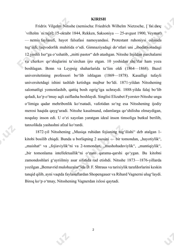tanqid qilib, ayni vaqtda faylasuflardan shopengauer va rihard vagnerni ulugʻlaydi. biroq koʻp oʻtmay, nitsshening vagnerdan ixlosi qaytadi. 1. f.nisshe biografiyasi nitsshening mashhur asari „zardoʻsht tavallosi: hamma uchun va hech kimga atalmagan kitob“dir (1 qismi — 1883, 1-toʻliq nashri 1892-yilda chiqqan). oʻzining bu asarini nitsshe „insoniyat qoʻlidagi kitoblar ichida eng terani“, deb hisoblagan. nitsshe oʻzini insoniyat imkoniyatlari chegarasidan tashqariga chiqqan ongni oʻzida mujassamlashtirgan zardusht bilan tenglashtirgan. nitsshe „hokimiyatga intilish“ kitobini oʻzining asosiy dasturiy asariga aylantirishni oʻylagan edi. lekin nitsshe uni tayyorlash jarayonida tugʻilgan bir qancha fikrlar va hikmatli soʻzlarnigina yozib qoldirdi. kitobni e. fyorster-nitsshe va p. gast takomiliga yetkazib, 1906-yildagina nashr etishga muvaffaq boʻldilar. nitsshe falsafasiga shopengauerning volyuntaristik metafizikasi va darvinning yashash uchun kurash qonuni katta taʼsir koʻrsatdi. bu taʼlimotlarga asoslangan nitsshe barcha soxta, chirkin, hayotga dushman boʻlgan narsalarni yoʻq qilishga tayyor turuvchi yangi inson idealini yaratishga intildi. uning falsafasi yaqinlashib kelayotgan falsafiy nigilizm oʻrnini egallashi lozim edi. nitsshe xristianlikka qarshi …