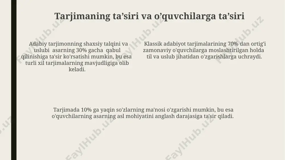ning muhim jihatlaridan biridir. "matnning asl ruhini saqlash"ga erishish uchun tarjimon 200 ga yaqin lug'at va entsiklopedik manbalarni o'rganib, tarixiy va madaniy kontekstni hisobga oladi. texnologiyaning tarjimaga ta’siri kompyuter yordamida tarjima qilish dasturlari, masalan, cat vositalari, tarjimonlarning samaradorligini 30% gacha oshirib, xatoliklar sonini 15% ga kamaytirishi mumkor. nevrotil tarmoqlar asosidagi tarjima tizimlari, matn kontekstiga va uslubiga ko'ra 90% dan yuqori aniqlikda klassik asarlarni tarjima qilish imkoniyatini beradi. mashina tarjimasining rivojlanishi natijasida, ayniqsa, katta ma’lumotlar to’plamlaridan foydalanish tufayli, klassik adabiyotlarning tezkor va arzon tarjimasini amalga oshirish imkoniyati paydo bo'ldi. e'tiboringiz uchun rahmat @taqdimot_robot