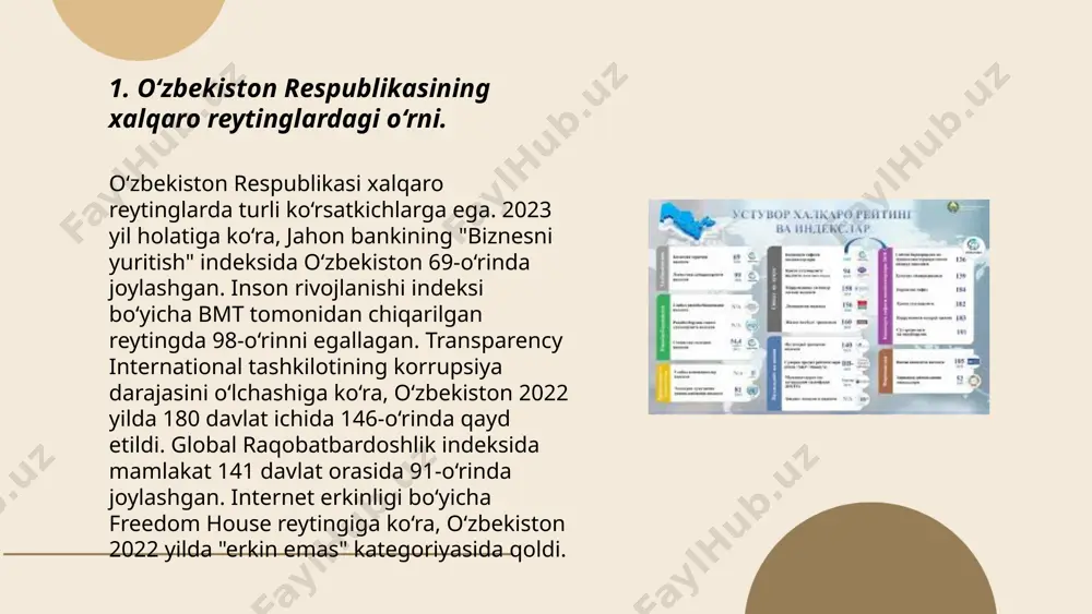 maqsad qilgan. ... t.me/slaydai_bot 2023-yilda o‘zbekiston qayta tiklanuvchi energiya reytingida sezilarli o‘sishga erishdi. renewable energy country attractiveness index ma’lumotlariga ko‘ra, mamlakat 2022-yilda 37-o‘rinda bo‘lgan bo‘lsa, 2023-yilda 32-o‘ringa ko‘tarildi. o‘zbekiston quyosh va shamol energiyasini rivojlantirishda jadal harakat qilmoqda. 2023-yilda 3,000 megavattdan ziyod quyosh energiyasi loyihalari va 2,000 megavatt shamol energiyasi loyihalari amalga oshirildi. mamlakatning 2030-yilga borib qayta tiklanuvchi energiya ulushini 25% ga yetkazish maqsadi bor. shu davr mobaynida 1,77 milliard dollarlik investitsiya jalb qilindi. ushbu yutuqlar mamlakatning barqaror energiya sektoridagi mavqeini sezilarli darajada yaxshiladi. o‘zbekiston respublikasining xalqaro reyting va indekslardagi o‘rni va nufuzini ortib borishi qurbonboyev odilbek omonboy oʻgʻli e'tiboringiz uchun raxmat! image1.png image2.png image3.png image4.jfif image5.png image6.jfif /docprops/thumbnail.jpeg