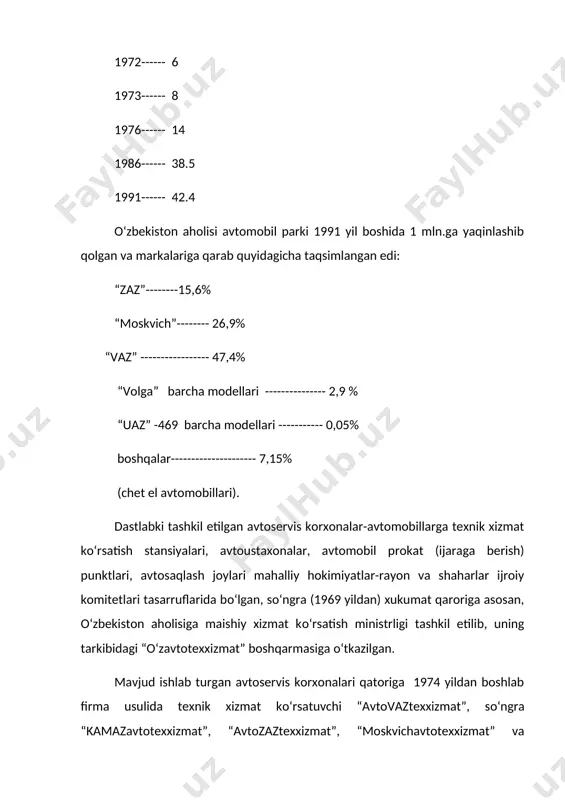 ning rivojlanishi avtoservis korxonalari tarmoqlari va tarkibining yanada о‘sishi va ular moddiy-texnika bazasining yanada mustaxkamlanishi bilan belgilanadi. avtoservis korxonalari tarmoqlari о‘sishi, eng avvalo, shirkat (kooperativ) usulidagi korxonalarning va firma usulida ishlovchi “moskvich”, “gaz” va h.k. servis korxonalarining tashkil etilishi va ishga tushirilishi bilan bo\liqdir. texnik xizmat kо‘rsatish stansiyalari, maxsus avtomarkazlar va avtoustaxonalarning umumiy soni faqat “uzavtotexxizmat” boshqarmasi tarkibida, 1991 yil yanvarida 282 korxonani tashkil etdi. ulardagi ishchi postlarning umumiy soni 1152 taga, firma usulida xizmat kо‘rsatuvchi “avtovaztexxizmat”, “moskvich”,”avtozaz” va “avtogaz” texxizmatlar 50 ta korxonalaridagi ishchi postlarni soni 408 taga yetdi. tо‘rtinchi davr (1991-96yillar) avtoservisning rivojlanishida, butun mamlakatdagi iqtisodiy-ijtimoiy tanazzul sababli turg‘unlik, hatto chekinishlar yuz berdi. kо‘rsatilayotgan xizmatlar hajmi keskin kamaydi, kо‘pgina korxonalar, ayniqsa, shirkat usulida tashkil bо‘lganlar yopildi. injener-texnik xodimlar, mutaxassislar va ishchilarning anchagina qismi (30 : 40% lar atrofida) ishdan bо‘shab ketishdi. chunki mamlakat iqtisodiy va moliyaviy axvoli juda murakkab tanazzul holda edi. beshinchi davr (1996- hozirga qadar) sohada …