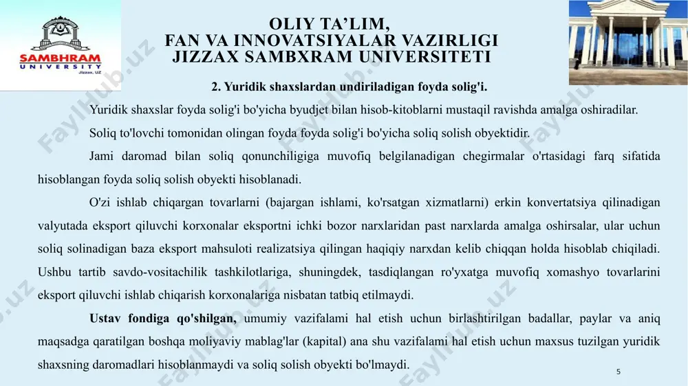 ng (zararlarining) ayrim turlari maxsus qoidalar bo'yicha inobatga olinishi yoki inobatga olinmasligi mumkin. ushbu foyda summasi soliq kodeksi (14-43- moddalar) va o'zbekiston respublikasi vazirlar mahkamasining 1995-yil 5-fevraldagi 54-son qarori bilan tasdiqlangan ”mahsulot (ish, xizmat)larni ishlab chiqarish va sotish xarajatlari hamda oxirgi moliyaviy natijalami shakllantirish tartibi to'g'risida"gi nizomga muvofiq topiladi. 12 oliy ta’lim, fan va innovatsiyalar vazirligi jizzax sambxram universiteti 3. soliqqa tortiladigan bazani aniqlash. ushbu me'yoriy hujatlarga muvofiq korxonalar faoliyatining oxirgi moliyaviy natijalarini ifodalovchi foyda (zarar)lar quyidagi ko'rsatkichlar bilan tavsiflanadi: 1). sotishdan olingan foyda (yaf) ni aniqlash formulasi yaf=st-ts. buy erda: st — sof tushum, ts — sotish tannarxi. 2). asosiy faoliyatdan olingan foyda (aff) yoki zarar (afz) bu yerda: dx — davr xarajatlari, bd — asosiy faoliyatdan olingan boshqa operatsion daromadlar. 13 oliy ta’lim, fan va innovatsiyalar vazirligi jizzax sambxram universiteti 3. soliqqa tortiladigan bazani aniqlash. ushbu me'yoriy hujatlarga muvofiq korxonalar faoliyatining oxirgi moliyaviy natijalarini ifodalovchi foyda (zarar)lar quyidagi …