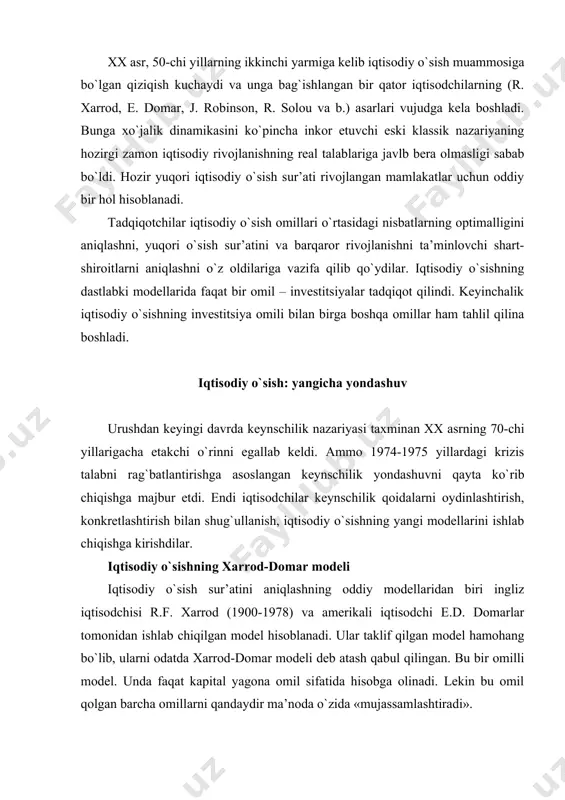 adi. lekin bu omil qolgan barcha omillarni qandaydir ma’noda o`zida «mujassamlashtiradi». mazkur model mualliflari mehnat unumdorligi (mehnatni tejash) oshganda kapital sig`imi koeffitsienti, ya’ni kapitalning ishlab chiqarilayotgan mahsulotga bo`lgan nisbati unchalik o`zgarmasligini asos qilib oladilar. bunday sharoitda kapitalning mehnatga bo`lgan nisbati ham, yaratilgan mahsulotning mehnat sarflariga bo`lgan nisbati ham oshadi. umuman olganda «kapital – ishlab chiqirish» koeffitsienti o`zgarmasdan qoladi. texnik taraqqiyot kapitalga ikki yoqlama ta’sir ko`rsatadi: ixtirolar kapitalni tejashga yoki uni ko`paytirishga olib kelishi mumkin, ya’ni ishlab chiqarilayotgan mahsulot birligining kapitalni ko`p yoki kam talab qilishga qarab. masalan, amerikada qarshi ta’sir ko`rsatuvchi omillarning tenglashuvi natijasida kapital sig`imi koeffitsienti barqarorligi uzoq vaqt saqlanib qolingan. xarrod-domar modeli ba’zi bir taxminlarga asoslanadi. masalan, ishlab chiqarish barcha omillar ta’sirida bo`ladi deb faraz qilinadi. talab va taklif tengligi saqlanadi, talabning o`sishi taklifning o`sishiga teng deb qaraladi. keynschilik nazariyasiga muvofiq investitsiyalar ikki hil rol o`ynaydi: ular kapital jamg`arish vositasi sifatida bo`ladi va yalpi talab elementlaridan biri hisoblanadi. …