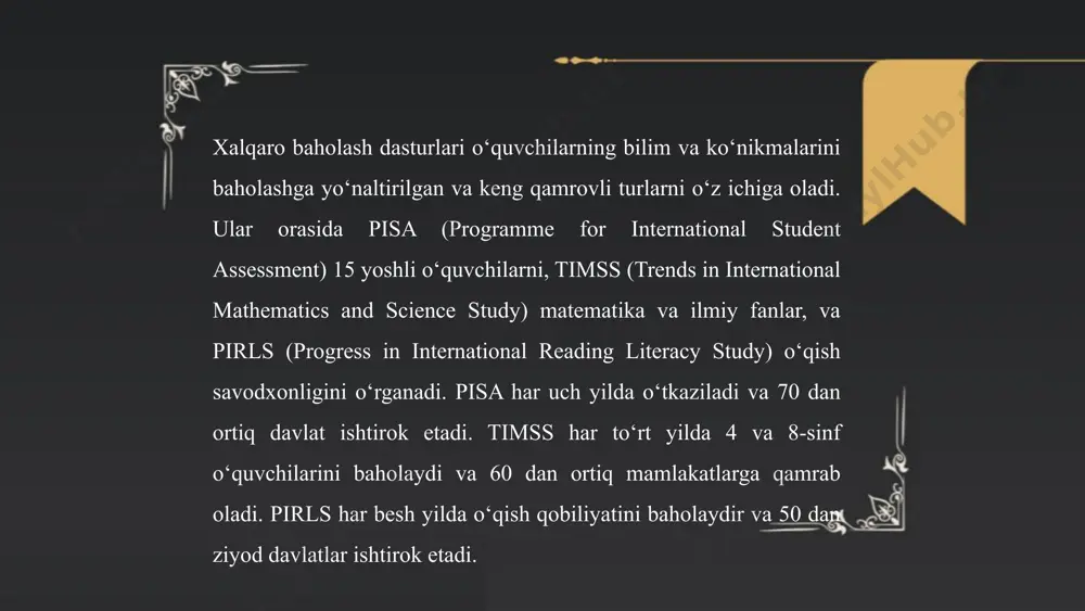 aziladi. timss esa 4 va 8-sinf o'quvchilarining matematika va tabiiy fanlar bo'yicha bilimlarini baholaydi va 4 yilda bir marta o'tkaziladi. pirls 4-sinf o'quvchilarining o'qish qobiliyatlarini baholaydi va u ham 5 yilda bir takrorlanadi. bu dasturlar natijalari ta’lim tizimi samaradorligini aniqlash va rivojlantirish uchun muhimdir. ... t.me/slaydai_bot o‘zbekistonda xalqaro baholash dasturlari doirasida bir nechta muhim ishtiroklar kuzatilmoqda. 2018-yilda o‘zbekiston pisa (o‘quvchilarni xalqaro baholash dasturi) dasturiga qo‘shildi, bu orqali 15 yoshli o‘quvchilarning savodxonligi va matematika, tabiiy fanlar bo‘yicha bilimlari baholanadi. 2022-yilda o‘zbekiston pirls (boshlang‘ich sinflardagi o‘quvchilar o‘qish darajasini baholash) dasturida ham ishtirok etdi. ushbu dasturlar o‘quvchilarning xalqaro miqyosdagi bilim darajasini aniqlash va ta'lim sifatini oshirish uchun ahamiyatga ega. qolaversa, timss (matematika va tabiiy fanlar bo‘yicha xalqaro baholash dasturi) doirasida ham ishtirok etish rejasi mavjud. ... t.me/slaydai_bot 8. xalqaro baholash dasturlari, masalan, pisa, timss va pirls, ta'lim sifatini baholashda keng qo'llaniladi. bu dasturlar orqali o'quvchilarning matematika, tabiiy fanlar va o'qish qobiliyatlari sinovdan o'tkaziladi. …