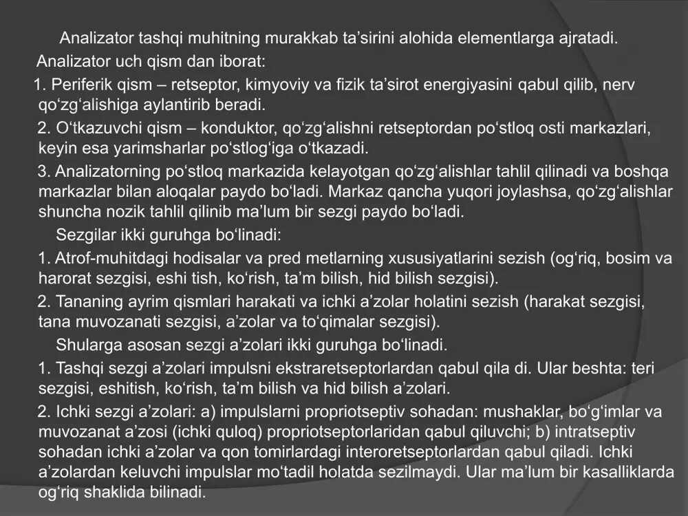 sini bog‘lovchi chiziq ko‘zning ko‘ruv o‘qi deb ataladi. ko‘z olmasi ko‘zning ichki muhiti va uni qoplagan uch qavat pardadan iborat. tashqi fibroz, o‘rta qon tomirli va ichki sezuv chi to‘r parda tafovut qilinadi. ko‘z olmasining fibroz pardasi himoya vazifasini bajaradi. u ikki qismdan: oldingi muguz va orqadagi skleradan iborat. ularning o‘rtasida uncha chuqur bo‘lmagan sklera egati bor. o‘ng ko‘z olmasining. gorizontal kesmasi: 1–oldingi qitbi; 2–muguz parda; 3–ko‘z olmasining oldingi kamerasi; 4–rangdor parda; 5–kiprikli tana; 6–konjunktiva; 7–gavhar; 8–shishasimon tana; 9–lateral to‘g‘ri mushak; 10–to‘r parda; 11–xususiy qon tomirli parda; 12–sklera; 13–markaziy chuqurcha; 14–disk chuqurchasi; 15–ko‘ruv nervi; 16–medial to‘g‘ri mushak; 17–kiprik doirachasi; 18–ko‘z olmasining orqa kamerasi; 19–skleradagi venoz bo‘shliq; 20–ko‘ruv o‘qi; 21–ko‘z olmasining tashqi o‘qi. muguz parda tiniq bo‘lib, undan ko‘zga nur o‘tadi. u soat oynasiga o‘xshash ko‘rinishga ega. muguz pardada oldingi va orqa yuzasi tafovut qilinadi. sklera fibroz pardaning orqa katta qismi bo‘lib, pishiq tolali birikti ruvchi to‘qimadan iborat. u ko‘z olmasi …