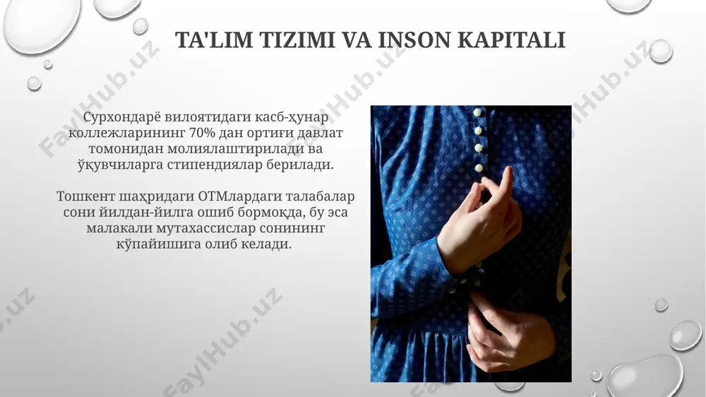 2024-yilgacha yalpi ichki mahsulotga (yaim) investitsiyalar ulushini 25% ga oshirish maqsad qilingan, bu esa qoʻshimcha 50 000 dan ortiq ish oʻrinlari yaratishga olib kelishi kutilmoqda. 2022-yilda oʻzbekistonning tashqi savdo hajmi 70 milliard aqsh dollaridan oshdi, bu asosan andijon va namangan viloyatlaridagi eksportning oʻsishi hisobiga amalga oshdi. kelajakdagi rejalar va istiqbollar 2025 йилгача тошкент шаҳрида 500 000 дан ортиқ янги иш ўринлари яратилиши ва иқтисодий ўсиш суръати 8% га етиши кутилмоқда, бу uzbek modelнинг самарадорлигини кўрсатади. самарқанд ва бухоро каби тарихий шаҳарларда туризмни ривожлантириш бўйича 10 йиллик режа амалга оширилиб, 2 миллиондан ортиқ сайёҳни жалб этиш мақсади қўйилган, бу инвестицияларни ва иш ўринларини яратади. madaniyat va san'atning oʻrni uzbekistonning 5 ta viloyatida joylashgan 15 ta musiqa va raqs ansambllari, milliy san'atning turli janrlarini, shu jumladan, 12 ta asbobdan foydalanadigan an'anaviy musiqani namoyish etadi. davlat tomonidan 30 dan ortiq san'at maktablari va universitetlari moliyalashtirilishi, yosh iste'dodlarni qo'llab-quvvatlash orqali madaniyat va san'atning kelajagini …