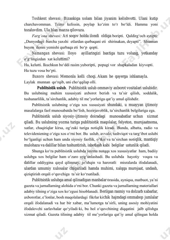 solingan so‘zlashuv uslubi adabiy so‘zlashuv uslubidir. adabiy tilning og‘zaki shakli adabiy so‘zlashuv uslubi orqali amal qiladi. radioeshittirishlar, televideniye ko‘rsatuvlari shunday uslubda olib boriladi. adabiy til me’yorlariga doimo amal qilavermaydigan erkin muloqot shakli oddiy so‘zlashuv uslubi sanaladi. oddiy so‘zlashuv uslubida nutqiy vositalarni tejashga intilish bilan birga, bunga teskari bo‘lgan nutqiy ortiqchalikka ham yo‘l qo‘yiladi. so‘zlashuv uslubining har ikki turi ko‘pincha dialog shaklida ro‘yobga chiqadi. bu uslubda so‘zlar odatda kinoya, piching, qochirmalarga boy bo‘ladi. so‘zlashuv uslubining yana bir o‘ziga xos xususiyati erkinligidir. jumlalar qisqa va ta’sirli bo‘lib, ko‘pincha so‘z – gaplar, to‘liqsiz gaplar, maqol va matallar hamda iboralardan keng foydalaniladi. umumxalq tili ma’lum bir xalqning so‘zlashuv tilidir. bu til kengroq hajmda bo‘lib, u sheva va lahjalar, kasb-hunarga oid so‘zlar, atamalar, jargonlar, ma’lum toifa (biror ijtimoiy guruh) ga oid so‘zlarni ham o‘z ichiga oladi. bunda nutq erkin bo‘lib, til qoidalariga asoslanilmaydi. faqat muayyan bir hududga xos ayrim belgilarni o‘zida namoyon qilgan til shakli …