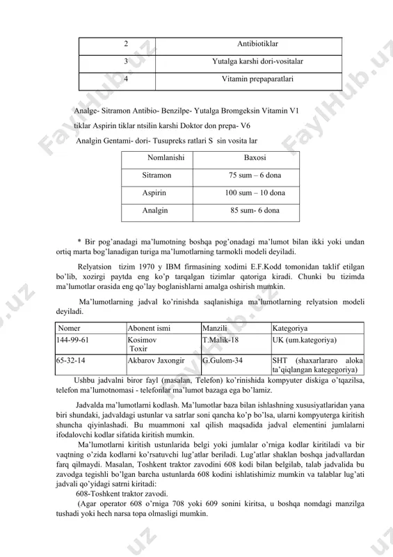 satrlar soni qancha ko’p bo’lsa, ularni kompyuterga kiritish shuncha qiyinlashadi. bu muammoni xal qilish maqsadida jadval elementini jumlalarni ifodalovchi kodlar sifatida kiritish mumkin. ma’lumotlarni kiritish ustunlarida belgi yoki jumlalar o’rniga kodlar kiritiladi va bir vaqtning o’zida kodlarni ko’rsatuvchi lug’atlar beriladi. lug’atlar shaklan boshqa jadvallardan farq qilmaydi. masalan, toshkent traktor zavodini 608 kodi bilan belgilab, talab jadvalida bu zavodga tegishli bo’lgan barcha ustunlarda 608 kodini ishlatishimiz mumkin va talablar lug’ati jadvali qo’yidagi satrni kiritadi: 608-toshkent traktor zavodi. (agar operator 608 o’rniga 708 yoki 609 sonini kiritsa, u boshqa nomdagi manzilga tushadi yoki hech narsa topa olmasligi mumkin. jadval xar bir yozuv o’zining bosh kalitiga ega bo’lishi va uning qiymati yagona bo’lishi kerak. masalan, telefon ma’lumotnomasida telefon nomeri bosh kalit bo’lib xizmat qiladi. bosh kalitni, ko’pincha birlamchi kalit deb atashadi. bosh kalit – ma’lumotlar bazada saralash ishlarining tez va aniq bajarilishiga imkon beradigan jadvalning bir ustuni. “talabnoma” jadvalidagi talab nomeri bosh kalit …