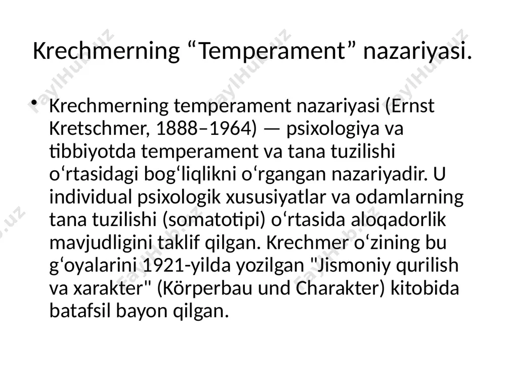 ri bo‘lib, fiziologik va psixologik omillarni temperament o’rgangan olimlar temperamentni o‘rgangan ko‘plab olimlar turli davrlarda bu mavzuga oid nazariyalar va tadqiqotlarni ilgari surishgan. quyida temperamentni o‘rgangan mashhur olimlar va ularning hissasi keltiriladi: 1. gippokrat (miloddan avvalgi 460–370) gippokrat temperament nazariyasining asoschisi hisoblanadi. u temperamentni to‘rt xilga ajratgan: sanguinik (quvnoq va energiyaga to‘la), xolerik (qizg‘in va harakatchan), melanxolik (tushkun va sezgir), flegmatik (sokin va barqaror). bu nazariya inson tanasidagi to‘rt xil suyuqlik – qon, safro, qora safro va shilimshiq (flegma) nisbatiga asoslangan. fazliyev zarif 5 klavdiy galen (milodiy 129–200) gippokrat nazariyasini rivojlantirgan. u temperamentning to‘rt turi nafaqat sog‘liq, balki inson xulqi va fe’l-atvoriga ham ta’sir qilishini ta’kidlagan. imom al-g‘azoliy (1058–1111) al-g‘azoliy temperament va inson fe’l-atvorini qur’oniy asosda tahlil qilgan. u inson ruhiyati, odatlari va axloqiy qobiliyatlarini yaxshi fe’l bilan bog‘lagan 4. avitsenna (ibn sino) (980–1037) ibn sino o‘zining "tib qonunlari" asarida temperament va tana suyuqliklari o‘rtasidagi bog‘liqlikni ilmiy jihatdan izohlab bergan. …