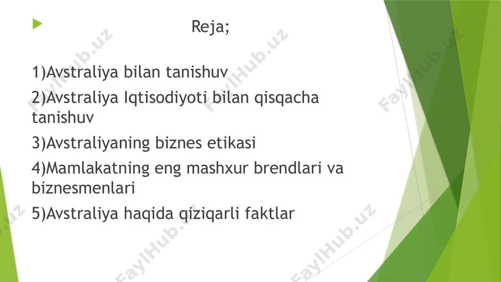 pul birligi avstraliya dollari. avstraliyadagi din xilma-xildir. 2021 yilgi milliy aholini ro'yxatga olishda avstraliyaliklarning 43,9% xristianlik va 38,9 foizi "dinsiz", deb e'lon qilgan. sidneyning markaziy biznes tumani avstraliyaning eng yirik moliyaviy va biznes xizmatlari markazidir. avstraliya iqtisodiyoti xilma-xil bo’lib, tog’ – kon sanoati, qishloq xo’jaligi, xizmat ko’rsatish va moliya kabi asosiy sohalarga ega. avstraliya iqtisodiyotida xizmat ko‘rsatish sohasi ustunlik qiladi, 2017-yilda yalpi ichki mahsulotning 62,7 foizini tashkil etgan va ishchi kuchining 78,8 foizini ish bilan ta’minlagan. avstraliyada biznes etikasi nafaqat kompaniya o'z mijozlariga adolatli munosabatda bo’lashi balki o'z biznes amaliyotida ham halol bo’lishni nazarada tutadi. avstraliya biznes etikasi, shuningdek, individuallik va shaxsiy hayotni hurmat qilishni, shuningdek, to'g'ridan-to'g'ri va halol muloqot va muzokaralarni ta'kidlaydi. ishbilarmonlikning axloqiy xulq-atvori birinchi navbatda o'zini tutish, o'zini halollik bilan ko'rsatish va kimnidir unvonga qarab emas, balki harakatlari va mahoratiga qarab hukm qilishdan iborat. avstraliyaliklar tenglikni qadrlashadi, bu muhim ijtimoiy tamoyil bo'lib, ayniqsa ishbilarmonlik dunyosida keng tarqalgan. …
