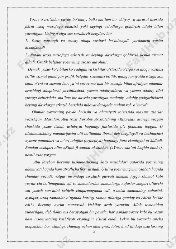 zohlashgan. logografik yozuvning bir ko‘rinishi mixxatdir. bu yozuv qadimgi mesopotamiyada qo‘llanilgan. logogrammaning piktogrammadan farqi shundaki, piktogramma bevosita predmetni aks ettiradi, logogramma so‘zning ma`nosini izohlaydi. demak, logogramma bevosita predmet shakli bo‘lmay, u so‘z ma`nosini aks ettiruvchi shartli belgidir. logografik (so‘z yozaman) yozuvning biroz mukammallashgan formasi ieroglifik yozuvdir (muqaddas yozuv). bu yozuv qadimgi arabistonga, hozirgi xitoyga xosdir. xitoy tilining to‘liq luғatlarida qirq mingga yaqin ierogliflar qayd qilingan. hozirgi zamon matnlarida esa 2-5 ming atrofida ierogliflar qo‘llanadi. xitoy yozuvi dunyodagi noyob yozuvlardan biri bo‘lib, hozirgi zamon kishisi foydalanadigan yozuvlar orasida eng qadimiysidir (miloddan avvalgi xii asr). qadimgi misr ierogliflariga va shumer mixxatiga tengdosh bo‘lgan bu yozuv o‘ziga xos taraqqiyot yo‘liga ega bo‘lganligi uchun ham shu paytga qadar saqlanib kelmoqda. har bir ieroglif alohida bir so‘zni bildiradi. so‘zlar qanday ohangda talaffuz etilishiga qarab, mutlaqo boshqa-boshqa ma`noni bildiradi. so‘zlar past, balandlashib boruvchi, baland ohangga qarab uch xil ma`noni ifodalaydi. yozuvning ommaviylashuvi uchun uni, albatta, osonlashtirish, …