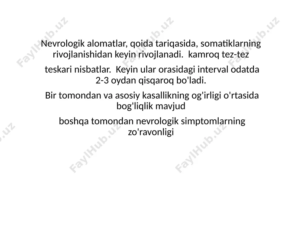 qorin og'rig'i, diareya, malabsorbsiya sindromi, vazn yo'qotish, isitma, artralgiya, anemiya, umumiy limfadenopatiya, terining pigmentatsiyasi, ko'zning shikastlanishi (keratit, uveit, retinit). davolash bo'lmasa, odatda rivojlanish tendentsiyasi mavjud, ammo kurs, qoida tariqasida, o'zgaruvchan alevlenmeler va remissiyalar bilan to'lqinli bo'lib, ikkinchisi qisman yoki to'liq bo'lishi mumkin. keyingi bosqichda kaxeksiya va og'ir yurak etishmovchiligi rivojlanadi. oshqozon-ichak trakti kasalliklarida nevrologik kasalliklar kamdan-kam hollarda yuzaga keladi va odatda so'rilish jarayonlarining buzilishi (malabsorbtsiya) va b12 vitaminlari (ensefalopatiya, miyelopatiya, polineyropatiya, optik neyropatiya), e (spinoserebellar pigmental regeneratsiya, o'murtqa o'murtqa o'murtqa degenerativ degeneratsiya) ning etishmasligi bilan bog'liq. degeneratsiya, polinevopatiya), d (miyopatiya, osteomalaziya), foliy kislotasi (polineyropatiya, depressiya, demans, miyelopatiya, bolalarda - epileptik tutilishlar, atetoz, psixomotor retardatsiya), kamroq tez-tez boshqa vitaminlar yoki oziq moddalar. nevrologik kasalliklar, qoida tariqasida, malabsorbtsiyaning boshqa ko'rinishlari (vazn yo'qotish, gipoalbuminemiya, gipokalsemiya, gipokalemiya va boshqalar) fonida yuzaga keladi. aniqroq nevrologik ko'rinishlar whipple kasalligi, çölyak kasalligi, yallig'lanishli ichak kasalligi va o'tkir pankreatit bilan birga keladi. cns ishtiroki 5-40% hollarda, odatda birinchi …