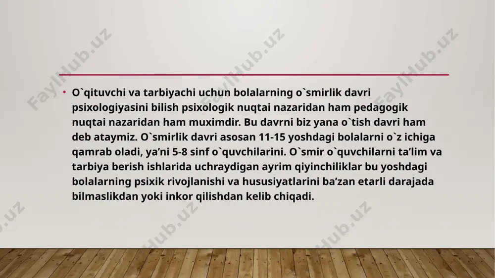yangi to`g`ri usullari hamda vositalarni topishi uchun o`smirlik yoshining o`ziga xos hususiyatlarini jismoniy va psixologik taraqqiyotini yaxshi bilishimiz kerak o`smirlik yoshining mazmuniy xarakteritsikasi vaqt o`tishi bilan o`zgarib boradi, chunki inson xayotining xususan ijtimoiy sharoitlari o`zgaradi. psixologiya taraqqiyotining biologik omillariga o`smirlar ongiga og`ir, ba’zan kuchi yetmaydigan bo`lib tushadigan, ularni jiddiy psixik inqirozga va hayajonga soladigan, masalan: o`smirlar uchun xarakterli bo`lgan norozilik, qo`pollik, qaysarlik, o`z-o`zini analiz qilishga moyillik sub’ektiv olamga va shunga o`xshash hislatlarni keltiradigan jinsiy etilishga nihoyatda katta ahamiyat beradilar. jinsiy yetilish munosabati bilan paydo bo`ladigan yangi sezgilar fikrlar, maylliklar, kechinmalar go’yo o’smirlar ongida hukmron bo`ladi. ularning xulqi atvorini belgilaydi. mana shu tariqa oqibat natijada o`smirlarning psixologik qiyofalari asosan yolg`iz sof biologik omil deb qaraladi. image2.jpeg image3.jpeg image4.jpeg image1.jpg /docprops/thumbnail.jpeg
