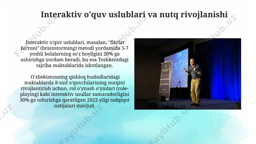 yn lug'atlar va grammatika tekshirgichlari o'quvchilarning nutq madaniyatini yaxshilashga hissa qo'shadi, jumladan, farg'onada. tilning to'g'riligi va boyligi samarqanddagi pedagogika universiteti tadqiqotlariga ko'ra, o'qituvchining nutqining boyligi va to'g'riligi o'quvchilarning bilim olish samaradorligiga 30-40% ta'sir qiladi va o'quv jarayonining sifatiga sezilarli darajada ta'sir ko'rsatadi. tilning boyligi lug'at zahirasining kengligi va sinonimlarni, frazeologizmlarni, turli uslubiy birliklarni mahoratli qo'llashni o'z ichiga oladi. masalan, 1000 dan ortiq so'z biluvchi o'quvchi o'rtacha 200 ta so'zni kundalik muloqotda faol qo'llaydi. nutq madaniyatining tarkibiy elementlari o‘zbekiston maktablarida o‘tkazilgan so‘rovnomalar natijalariga ko‘ra, 70% o‘qituvchilar nutq madaniyatining tarkibiy elementlarini 3 ta asosiy ko‘nikmaga (tinglash, gapirish, yozish) ajratishadi. nutq madaniyatining tarkibiy elementlariga to‘g‘ri va aniq so‘zlash, 5 ta asosiy fonetik qoida (samarqand universiteti tadqiqotiga ko‘ra) hamda mantiqiy fikrlashning 3 bosqichi kiradi. noto'g'ri nutq odatlarining oldini olish noto'g'ri nutq odatlarining oldini olish uchun, masalan, samarqanddagi 5-maktabda o'tkazilgan tadqiqotlar shuni ko'rsatdiki, 70% o'quvchilarda artikulyatsiya bilan bog'liq muammolar mavjudligi aniqlangan va ularga tuzatish choralari …