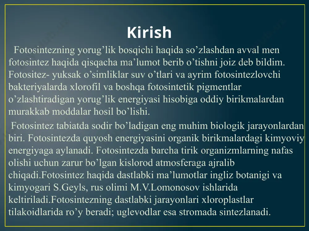 qali fosforirlanishda yutilgan barcha yorug’lik energiyasi atf sintezi uchun sarf bo’ladi.bunda nurni yutgan xlorofil qo’zg’aladi va yuqori energetik potensialga ega bo’lgan elektronni chiqaradi hamda o’zi(+) zaryadlanib qoladi. xalqasiz fosforirlanishda atf sintezi bilan birga, suvning fotolizi ham kuzatiladi, ya’ni o2 ajralib chiqadi va nadf qaytariladi. bunda ikkita tizim ishtirok etadi. birinchisi 680-700nm nurlarni yutuvchi xl “a” tizimi ishtirokida bo’lsa, ikkinchi tizmda 650-570nm nurlarni yutuvchi xl”a” va xl”b” hamda karatinoidlar ishtirok etadi. atf sintezi hozirgi zamon nazariyasi adf moddasining elektronlar tashuvi bilan bog’liq fosforirlanishi mexanizmi bo’yicha bir nechta nazariyalar mavjud. shulardan biri ingliz bikimyogari p.mitshelning kimyoosmotik nazariyasidir. uning nazariyasiga ko’ra asosan elektron tashuvchi plastaxinon p680 tizimidan ikkita elektronni olganidan so’ng yana ikkita elektroni xloroplast stromalaridan biriktirib oladi, va 4ta elektronni membranalar orqali xloroplastlar tilokoidlari ichiga olib o’tadi.protonlar esa suvning fotoosidlanishi tufayli tilokoidlarning ichkarisida yig’iladi. protonlarning membranalarini turli tomonlardagi miqdor har hil bo’lganligi sababli ularning kimyoviy potensialida farq yuz beradi. bu esa o’z …