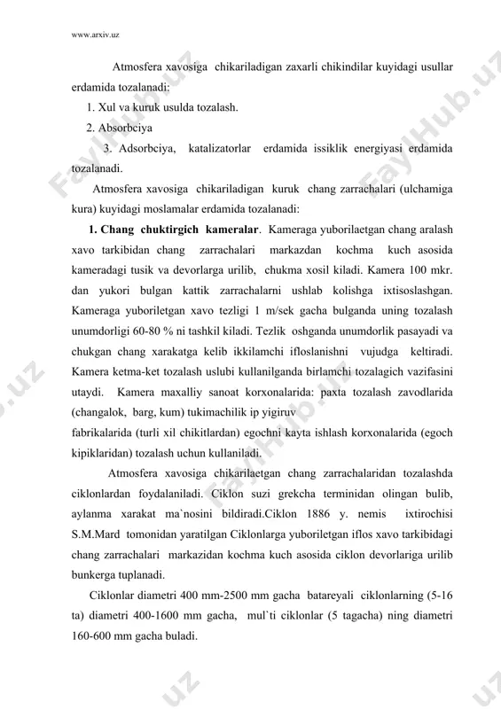 b bunkerga tuplanadi. ciklonlar diametri 400 mm-2500 mm gacha batareyali ciklonlarning (5-16 ta) diametri 400-1600 mm gacha, mul`ti ciklonlar (5 tagacha) ning diametri 160-600 mm gacha buladi. ciklonlar erdamida atmosfera xavosiga chikadigan 30-40 mk li chang zarrachalari 95% gacha, 20-30 mk li 90 %, 5-10 mk 80% mk. dan kichik chang zarrachalari 60 % gacha tozalanadi. ciklonlarning chang tutgich kameralaridan afzalligi: yukori bosim va xaroratda, yukori xavo xarakatidan kat`iy nazar chuktirgan chang kayta xarakatlanmaydi. atmosfera xavosiga chikaetgan 5 mk. dan kichik chang zarrachalaridan tozalashda ao skrubberlardan foydalaniladi. skrubberlar xam ish uslubiga kura ciklonlarga uxshagan bulib, farki namlagichlar, buglagichlar (suv,ishkor, tuz) eritmalari erdamida nafakat chang, balki gaz aralashmalaridan xam tozalashga ixtisoslashgan. skrubberlarni ishlatish jaraenida suv, ishkor, tuz eritmalaridan foydalaniladi, bu uz navbatida skrubber kismlarini korreziyaga uchratib ishdan chikishga sabab buladi, shu tufayli ishlab chikarishda undan keng foydalanilmaydi. elektrofil`trlar italiyalik olim bekker 1771 yilda elektr maydonida chang zarrachalarini xarakatlanaetganini kuzatadi va 1824 …