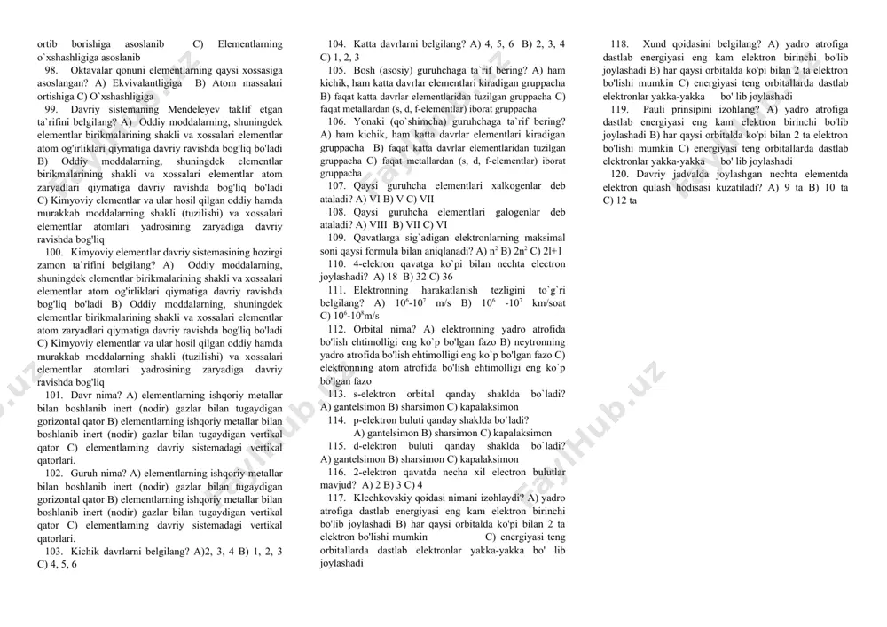eng ? a) 0.001 g b)1,2*10-3g c) 1*10-4g 41. texnokimyoviy tarozilarning o`lchov aniqligi qiymatini belgilang ? a) 0.01 g b) 0.001 g c) 0.0001 g 42. molekulalar orasidagi tortishish kuchlari qaysi agregat holatda eng kuchli bo`ladi? a) gaz b) suyuq c) qattiq 43. atom va molekula tushunchalari qachon umum tomonidan rasman qabul qilindi? a) 1869-y b) 1860-y c) 1861-y 44. moddaning kimyoviy reaksiyada bo`linmaydigan eng kichik zarrachasi qanday ataladi? a) atom b) molekula c) element 45. jumlani to`ldiring: reaksiya tenglamalarida koeffitsiyent …….. bildiradi. a) atomlar sonini b) molekulalar sonini c) molekula tarkibidagi element atonlari sonini. 46. kimyoviy formulalarda indeks nimani anglatadi? a) atomlar sonini b) molekulalar sonini c) molekula tarkibidagi element atomlari sonini. 47. element so`zining lug`aviy ma`nosi? a) tarkibiy qism b) bo`linmas c) tarkib topmoq 48. molekula so`zining lug`aviy ma`nosi? a) kichik massa b) tarkibiy qism c) bo`linmas 49. molekula tushunchasini kim fanga kiritgan? a) j.dalton b) r.boyl c) …