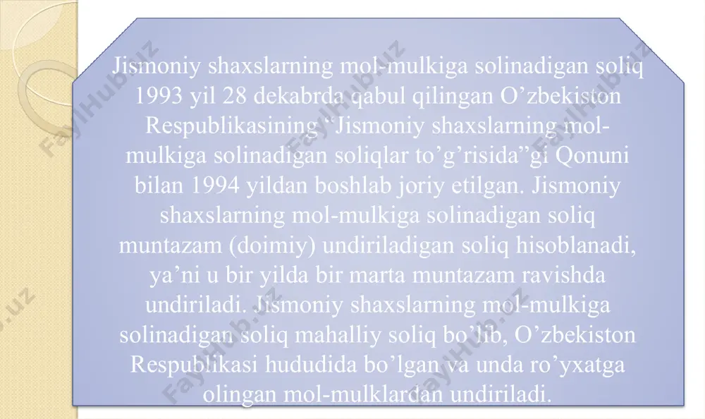 kin emas. jismoniy shaxslarning mol-mulkini baholash bo’yicha vakolatli organ tomonidan aniqlangan soliq solish ob’ektining bahosi mavjud bo’lmagan taqdirda, mol-mulkning shartli qiymati toshkent va nukus shaharlarida, shuningdek viloyat markazlarida — qirq ikki million so’mdan kam bo’lmagan summaning besh baravari miqdorida, boshqa shaharlarda va qishloq joylarda esa — ikki baravari miqdorida soliq bazasi hisoblanadi. bitta jismoniy shaxs bir nechta soliq solish ob’ekti bo’yicha soliq to’lovchi bo’lgan taqdirda, soliq bazasi har bir ob’ekt bo’yicha alohida hisoblab chiqiladi. t/r soliq solish ob’ektlari soliq stavkalari (foizlarda) 1. uy-joylar va kvartiralar, dala hovli imoratlari (bundan umumiy maydoni 200 kv.m dan ortiq bo’lganlari mustasno), ko’p kvartirali uylarga uzviy bog’liq bo’lgan avtomashina turar joylari, shuningdek boshqa imoratlar, binolar va inshootlar 0,28/ 0,31 2. shaharlarda joylashgan uy-joylar va kvartiralar, umumiy maydoni: 200 kv.m dan va 500 kv.m ga qadar bo’lganlari 0,37/ 0,41 500 kv.m dan ortiq bo’lganlari 0,49/ 0,55 3. boshqa aholi punktlarida joylashgan, umumiy maydoni 200 kv.m dan …