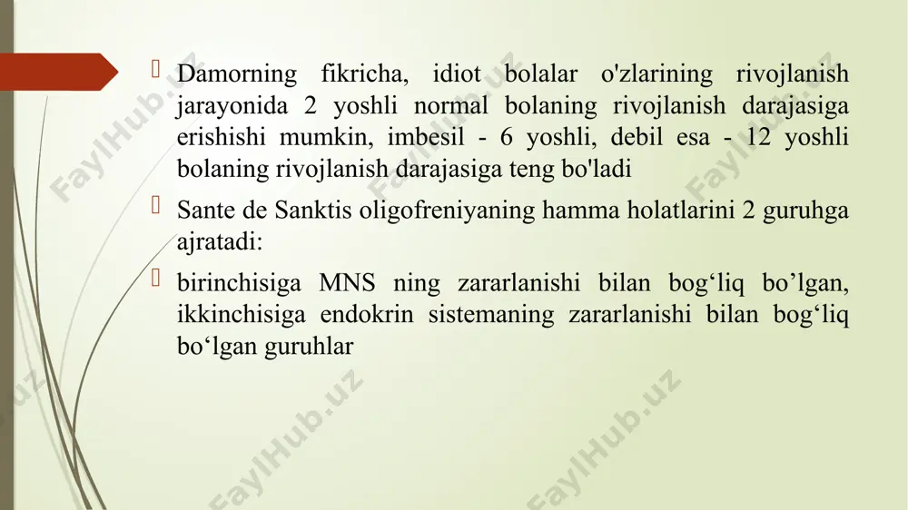 va bosh miyaning patologiyasini keltirib chiqaradi. yolg’on yoki serebropatik mikrotsefaliya,bosh miyaning erta bo‘lib o‘tgan kasalliklari natijasida pay do bo‘ladi. mikrotsefaliyada bosh miya og‘irligi 200-250 dan 400g tashkil etadi. mikrotsefal bolada ham jismoniy va aqliy qoloqlik oligofreniyaning dizostozik va kseroderimik shakllari oligofreniyaning ushbu shakllarida markaziy asab sistemasi suyak sistemasi buzilishi va teridagi o‘zgarishlar bilan rivojlanadi. morfan sindromi — araxnodaktiliya etiologiyasi va potogenezi. ko‘pincha skelet tuzilishi buzilgan bo'ladi. ko‘krak qafasi ingichka va uzun. ba’zi hollarda psixik rivoji sustlashgan bo‘ladi. jarohatlar asosan biriktiruvchi to‘qimalarda bo‘ladi. yoshi ulg‘aygan sari kasallik kuchayib boradi. jismoniy holati. gavda tuzilishi displastik, barmoqlari uzun, ko‘pincha o‘rdak, g‘ozlarning panjasiga o‘xshab barmoqlari orasida parda bo’ladi, palla suyagi ingichka, umurtqasi qiyshiq, oyoq suyaqlari qiyshiq. ko'pincha bunday bolalarda yurak xastaligi, ko‘z qorachig'i ham biroz chiqqan bo‘ladi. ruhiy holati. ma’lum darajada anglash qobiliyati sust bo‘ladi. gemolitik kasalligi bilan tug‘ilgan chaqaloqlardagi oligofreniya kasallik alomatlari bola tug‘ilgandan so‘ng bilina boshlaydi va o‘sa boshlagan sayin kuchaya boradi. …
