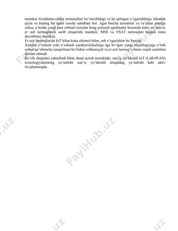 echimlari geografik jihatdan ularning biznes imkoniyatlarini cheklaydigan er usti/sotali tarmoqqa ulanish nuqtasiga zarurati mavjud. ammo afzalliklari shunchalik ravshanki, lorawan texnologiyalarini sun’iy yo‘ldoshli tarmoqlarga integratsiyalanishi bugungi kunda aloqa infratuzilmasidan olisda joylashgan ob’ektlar uchun eng optimal echim hisoblanadi. vsat tarmoqlarida amalga oshiriladigan qo‘shimcha xizmatlar to‘plami mijoz uchun bonusga aylanishi mumkin. 2-rasm. tarmoqda iot (lorawan) va videokuzatuvni tashkil etishga misol iot (lorawan) tarmoqlarida asosiy kanal sifatida er usti aloqasidan foydalanish maqsadga muvofiq. ammo ba’zi hollarda sun’iy yo‘ldoshli texnologiyalar iot muammolarini echishning yagona mumkin bo‘lgan usuli hisoblanadi. bundan tashqari, iot trafigi uchun nano-sun’iy yo‘ldoshlarning past orbitali guruhlari loyihalari bo‘lishi mumkin. hozirgacha bunday loyihalarning barchasi noaniq va past tijorat samaradorligiga ega: sun’iy yo‘ldoshlarning qisqa xizmat muddati, ko‘p sonli bortlar, kosmik chiqindilar muammosi va arzon foydalanuvchilar terminallarini yaratish. yangi leo-tizimlarning loyihalari yanada istiqbolli ko‘rinadi. agar ular butun sun’iy yo‘ldoshli aloqa bozorini o‘zgartirish uchun mo‘ljallanmagan bo‘lsa, unda ular albatta qo‘zg‘alishga muvaffaq bo‘lishadi. butun global, juda arzon trafik, …