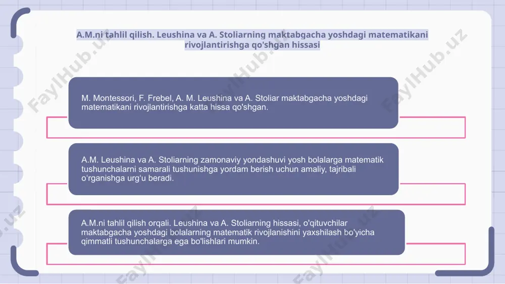 ni belgilashni o'z ichiga oladi. leushina va stoliar ta'sirida maktabgacha yoshdagi matematika ta'limining kelajakdagi tendentsiyalari m. montessori, f. frebel, a. m. leushina va a. stoliarning maktabgacha yoshdagi matematik rivojlanishiga zamonaviy yondashuvi amaliy o'rganish tajribasi va individual ta'limni o'z ichiga oladi. maktabgacha yoshdagi matematika ta'limining kelajakdagi tendentsiyalariga leushina va stoliarning tanqidiy fikrlash, muammolarni hal qilish qobiliyati va sinfda texnologiyadan foydalanishga e'tibor qaratilishi ta'sir ko'rsatmoqda. ularning innovatsion usullari erta yoshdanoq matematik tushunchalarni chuqur anglash, bolalarning kelajakdagi ilmiy muvaffaqiyatlari uchun mustahkam poydevor yaratishga qaratilgan. montessori va froebel bilan erta bolalikda kuchli matematik asos yaratish m. montessori, f. froebel, a. leushina va a. stoliarning maktabgacha yoshdagi matematik rivojlanishidagi innovatsion yondashuvlarini o'rganing. erta bolalik davrida kuchli matematik poydevor yaratish kalitlarini kashf eting. montessori va froebel tomonidan matematikada yosh ongni rivojlantirish uchun qo'llaniladigan transformatsion usullarni sinab ko'ring. matematik tushunchani oshirishda amaliy ta'lim va talabalarga yo'naltirilgan faoliyatning kuchiga guvoh bo'ling. montessori va froebelning matematik rivojlanishga zamonaviy yondashuvi …