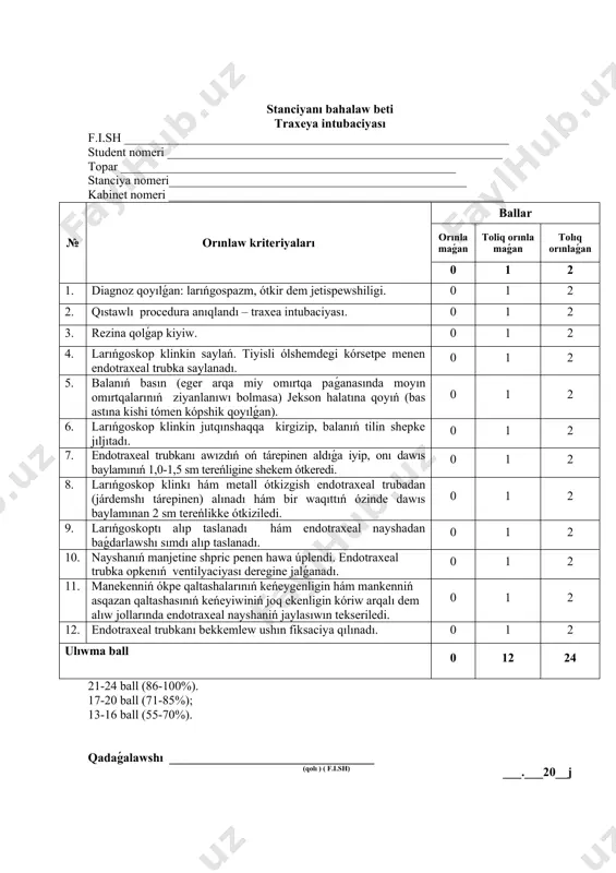 mınan 2 sm tereńlikke ótkiziledi. 0 1 2 9. larıńgoskoptı alıp taslanadı hám endotraxeal nayshadan baǵdarlawshı sımdı alıp taslanadı. 0 1 2 10. nayshanıń manjetine shpric penen hawa úplendi. endotraxeal trubka opkenıń ventilyaciyası deregine jalǵanadı. 0 1 2 11. manekenniń ókpe qaltashalarınıń keńeygenligin hám mankenniń asqazan qaltashasınıń keńeyiwiniń joq ekenligin kóriw arqalı dem alıw jollarında endotraxeal nayshaniń jaylasıwın tekseriledi. 0 1 2 12. endotraxeal trubkanı bekkemlew ushın fiksaciya qılınadı. 0 1 2 ulıwma ball 0 12 24 21-24 ball (86-100%). 17-20 ball (71-85%); 13-16 ball (55-70%). qadaǵalawshı _________________________________ (qolı ) ( f.i.sh) ___.___20__j quramı stanciya atı ókpeniń jasalma ventilyaciyası pán/cikl tez medicinalıq járdem stanciya túri 5 jasar balada joqarı dem alıw jollarında proceduralardı orınlaw ushın universal simulyator fakultet pediatriya kurs 6. student ushın qısqasha maǵlıwmat tez járdem brigadası tárepinen 3,5 jasar bala awır jaǵdayda jótel hám dem qısılıw sıyaqlı arızlar menen túsgen. nawqastıń jaǵdayı awırlasıp, dem alıwı toqtap qalǵan. stanciyadaǵı …
