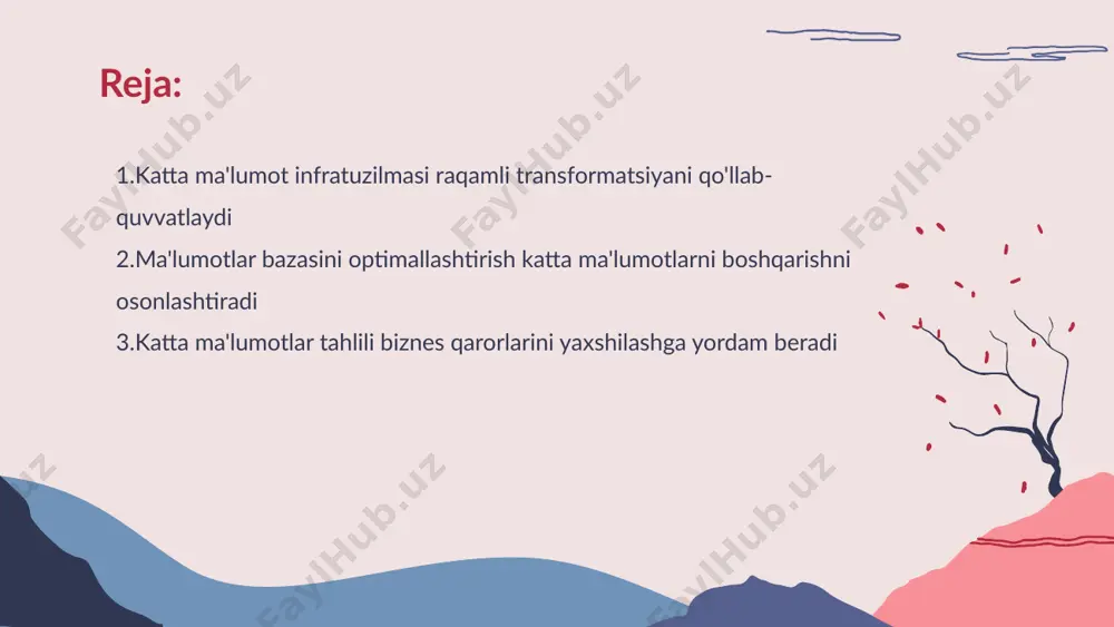 katta ma'lumotlardan foydalanish orqali bizneslar raqobatchilardan oldinda bo'lish imkoniyatini qo'lga kiritadi katta ma'lumotlar tahlili biznes qarorlarini yaxshilashga yordam beradi • ma'lumotlarni himoya qilish - katta ma'lumotlar infratuzilmasi foydalanuvchilarning shaxsiy va biznes ma'lumotlarini himoya qilishda muhim rol o'ynaydi • xavfsizlikni boshqarish - zaruriy xavfsizlik choralari ma'lumotlar infratuzilmasi orqali qo'llaniladi va ularni samarali boshqarish mumkin katta ma'lumotlar infratuzilmasi xavfsizlikni ta'minlashda muhim ahamiyatga ega • bulutli xizmatlarning afzalliklari - bulutli xizmatlar katta ma'lumotlar bilan ishlashda tezlik va samaradorlikni oshiradi • resurslarni tejamkor ishlatish - bulutli xizmatlar resurslarni optimal tarzda taqsimlab xarajatlarni kamaytirishga imkon beradi • texnologik yangiliklar - bulutli xizmatlar yangi texnologiyalarni tezda joriy etish va yangilash imkoniyatini beradi • kengaytirilishi - bulutli xizmatlar biznes ehtiyojlariga qarab kengaytirish mumkin bo'lgan moslashuvchanlikni taqdim etadi katta ma'lumotlar uchun bulutli xizmatlar xarajatlarni kamaytirishga yordam beradi • real vaqt tahlili - odatda, ma'lumotlar oqimlari tez va uzluksiz tarzda yaratiladi va real vaqt rejimida ularni tahlil qilish natijalarning …