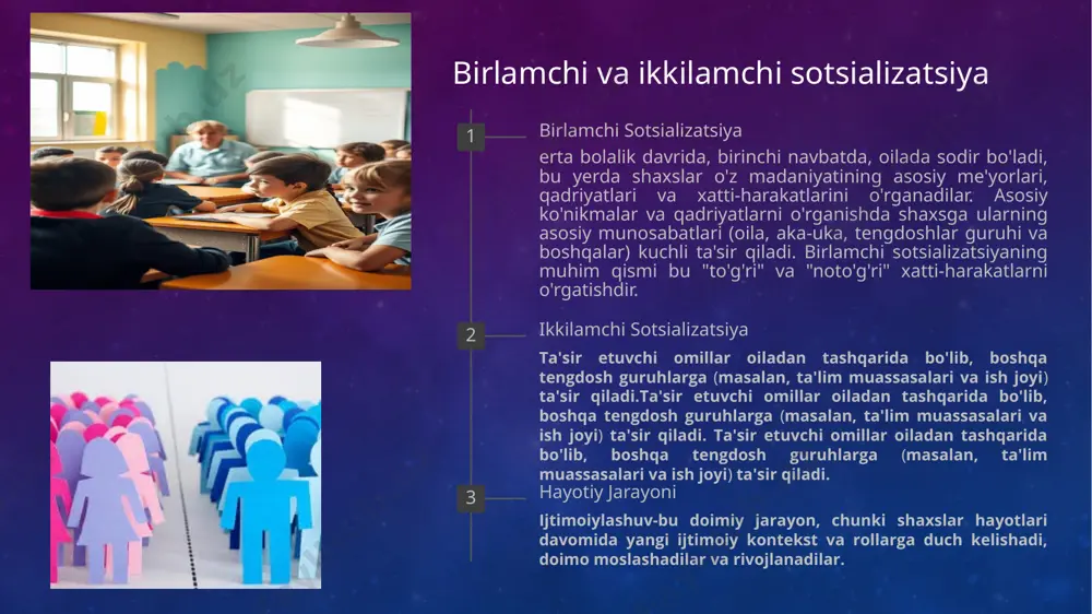 i boshqaradigan yozilmagan qoidalar va taxminlar. normalarni o'zlashtirish ijtimoiylashuv shaxsning xulq-atvori va ijtimoiy o'zaro ta'sirini shakllantiradigan ushbu ijtimoiy me'yorlarni o'zlashtirishni o'z ichiga oladi. muvofiqlik va og'ish ijtimoiy me'yorlarga rioya qiladigan shaxslar muvofiq deb hisoblanadi, ulardan chetga chiqqanlar esa deviant sifatida qaralishi mumkin. sanktsiyalarning roli rasmiy va norasmiy ijtimoiy sanktsiyalar muvofiqlikni rag'batlantirish va ijtimoiy me'yorlardan chetga chiqishni oldini olish uchun ishlatiladi. 12 ijtimoiylashuv va individual identifikatsiyani rivojlantirish o'z-o'zini anglash socialization shaxslar o'z-o'zini ongi rivojlantirish yordam beradi, o'z noyob belgilari bir tushuncha, qadriyatlar, va xatti -. qabul qilish shaxslar turli xil ijtimoiy kontekstlarda harakatlanayotganda, ular turli xil ijtimoiy rollar va o'ziga xosliklarni qabul qilishni o'rganadilar. doimiy rivojlanish shaxsni rivojlantirish umrbod jarayondir, chunki shaxslar sotsializatsiya orqali o'zlik tuyg'usini doimiy ravishda qayta aniqlaydilar va qayta ko'rib chiqadilar. 13 gender sotsializatsiyasi 1 erta bolalik gender sotsializatsiyasi erta bolalikdan boshlanadi, chunki bolalar o'zlarining biologik jinsi bilan bog'liq ijtimoiy taxminlar va me'yorlarni o'rganadilar. 2 o'smirlik o'smirlik davrida …