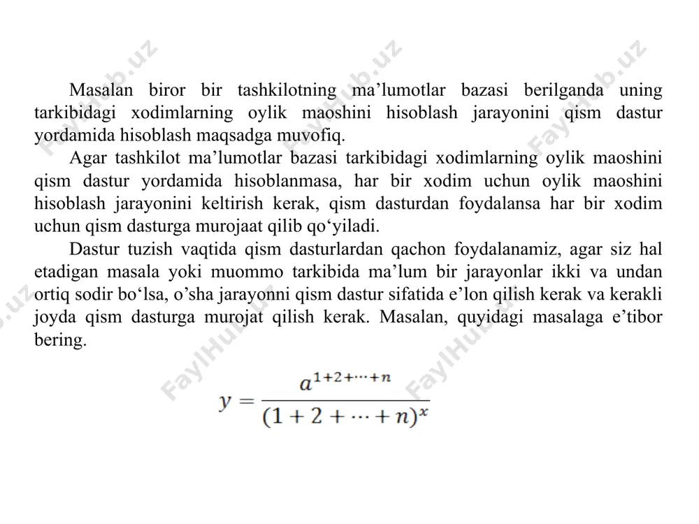 qilinadi. funksiyalarni e’lon qilish c++ dasturlash tilida funksiyalar yaratish ulardan dasturning ixtiyoriy joyida foydalanish uchun, albatta, funksiyalarni dastur tanasida e’lon qilish kerak. c++ dasturlash tilida funksiyalarni e’lon qilishning bir necha usullari mavjud. c++ dasturlash tilida main() asosiy funksiya tarkibida boshqa funksiyalardan foydalanish uchun, albatta, funksiyalar main() asosiy funksiyadan oldin e’lon qilinishi kerak. funksiyalarni e’lon qilish uning prototipi yoki signaturasi ham deyiladi. ta’rif: dastur tarkibidagi funksiyalarni main() funksiyasidan oldin dasturlash tilida yozilishi funksiyalarni e’lon qilish deyiladi. c++ dasturlash tilida funksiyalarni e’lon qilishning umumiy ko‘rinishi quyidagicha bo‘ladi: tur (tur ); funksiyani e’lon qilish jarayonida birinchi funksiya natijasining, ya’ni funksiya qaytaradigan turi keltiriladi, keyin funksiya nomi qavs ichida funksiya o‘zgaruvchilari turi va o‘zgaruvchilari keltiriladi. funksiya qaytaradigan turi argument bajarilgandan so‘ng hosil bo‘ladigan natija turi bilan ustma-ust tushishi kerak aks holda komplyator xato keltiradi. funksiya nomi funksiya bajaradigan vazifadan kelib chiqqan holda qo’yiladi, chunki dastur tuzuvchi mutaxassislar uchun umumiy holda tushunish oson bo‘lishi kerak. …