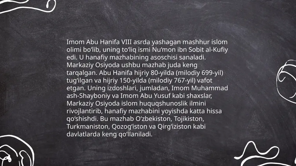 ma muhim ijtimoiy rol o'ynagan. ular diniy ilmlar, fiqh, tafsir va hadis fanlariga ulkan hissa qo'shgan. 9-12-asrlarda buxoro va samarqand ilmiy markaz sifatida rivojlangan. bu davrda abu hanifa, al-termiziy, al-buxoriy kabi ulug' allomalar yashab, ijod qilishgan. ulama jamiyatda ma'naviy liderlar sifatida faoliyat yuritib, ta'lim-tarbiyaga katta e'tibor qaratishgan. 20-asr boshlarida esa islohotchilar harakati paydo bo'ldi, bu davr ulama jamiyatdagi o'zgarishlarga javob berishga intilgan. bugungi kunda ham ulama madaniy va ma'naviy merosni saqlash orqali ijtimoiy rivojlanishga hissa qo'shib kelmoqda. hanafiy mazhabi rivojida markaziy osiyo faqihlarining roli va hissasi. norboboyeva mahliyo e'tiboringiz uchun raxmat! image1.png image2.png image3.png image4.jfif image5.png image6.jfif image7.jfif image8.jfif /docprops/thumbnail.jpeg