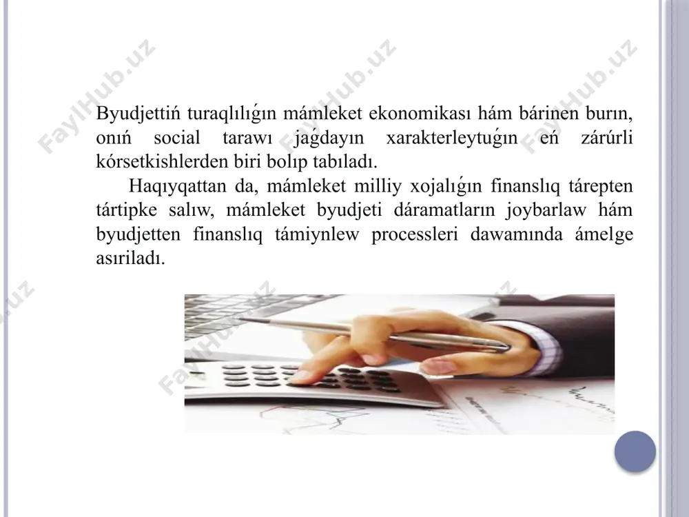 minde; tuwrıdan tuwrı byudjetten finanslıq támiynlew jardeminde; subsidyalash jardeminde; procentisiz hám jeńillikli kreditler beriw jardeminde; byudjet qarjları esabına arnawlı fondlar hám rezervlar jaratıw jardeminde tásir kórsetiledi. mámleket byudjeti ǵárejetleriniń ulıwma kólemi gorizontalına, yaǵnıy tarmaq, ministrlik hám maqsetli kesimlerde hám vertikalına, yaǵnıy basqarıwdıń túrli dárejelerine muwapıq túrde bólistirilip, ekonomikada strukturalıq ózgerislerdiń júz bolıwı ushın tiyisli sharayat jaratıladı. byudjetten finanslıq támiynlew processinde bolsa mámleket óziniń ixtiyoriga kelip túsip atırǵan pul qarjların joybarlastırılǵan ilajlar sheńberinde hám odan sırtda keń manyovr qılıw múmkinshiligine iye boladı. ekonomikanı modernizaciyalaw hám diversifikatsiyalewdi támiyinlew, ekonomika sektorlarınıń investitsiyalıq ózine tartatuǵındorligi hám aktivligin asırıw boyınsha ilajlardı izbe-izlik menen ámelge asırılıwı makroekonomikalıq kórsetkishler joqarı pát penen ósiwine hám xalıq párawanlıǵı asıwına erisiwde qosımsha dúmpish boldı. bunıń nátiyjesinde qatar jıllar dawamında mámleket byudjeti profitsit menen atqarıw etip kelinip atır, sonday-aq ekonomikaǵa salıq yuki izbe-iz azayıp baratırǵan bir dáwirde onıń dáramat bólegi orınlanıwı támiyinlenip atır, sonıń menen birge, onıń ǵárejet bólegin social baǵdarlanǵanlıǵı …