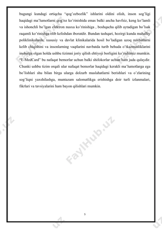 xborot texnologiyalari bilan taʼminlash, internet sifatini yaxshilash choralari koʻrilmoqda. kelgusida tibbiy elektron tizimdagi raqamimiz ham stir singari kundalik hayotimizdan mustahkam oʻrin oladi. bugungi kundagi barcha tibbiyot muassalari avtomatlashtirish ishlari olib borilmoqda. ya’ni barcha mahalli va tuman poliklinika tizimida qator islohotlar olib borilmoqda. dorilarni qulay va iste'molchilar uchun qiyinchiliksiz yetib boorish maqsadida yillar davomida bir qancha ishlar olib borilmoqda. ammo, bugungi kelib hanuzgacha ba’zi bir hudud va tumanlarda poliklinika tizimida qator muammolar kuzatilmoqda. bundan ko’rinib turadiki, yurtimizda hozirgi kunga kelib ham poliklinika tizimidagi barcha muammo- lardan halos bo’lgani yo’q. online poliklinikalar tashkil etish va umuman poliklinika tizimidagi mavjud muammolar: · poliklinikalar to’liqligicha avtomatlashtirilmaganligi; · kerakli texnologiya va jihozlar bilan ta’minlamaganligi; · poliklinika tizimi saqlab turuvchi yagona tizim mavjud emasligi; · dori-darmon tizimida yetarlicha isloh qilinmaganligi; · tizimni rivojlatirish va doimiy nazorat o’rnatilmaganligi; · mijozlar uchun qulay shart-sharoitlar yaratilmaganligi; · online dori buyurtma qilish imkoni yo’qligi; · dori vositalari haqida yetarlicha ma’lumotlar …