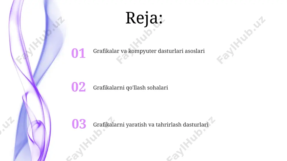 asalan, interfeys elementlarini yaratishni qo'llab-quvvatlaydi. grafik muharrirlar rastrli (masalan, jpeg, png) va vektorli (masalan, svg, eps) tasvirlarni 256 dan ortiq ranglar palitrasidan foydalanib yaratish va tahrirlash imkonini beradi. raster grafikasi jpeg, gif, png kabi turli fayl formatlari raster grafikalarni saqlash uchun ishlatiladi, har biri o'ziga xos siqish algoritmlari va ranglarni ko'rsatish usullariga ega. raster grafikasi rasmni alohida piksellardan, odatda 72 yoki 96 dpi (dots per inch) zichlikda tashkil topgan matritsadan iborat bo'lib, bu uning hajmini va sifatini aniqlaydi. raster grafikalarni kattalashtirish sifatini pasaytiradi, chunki piksellar kattalashib, rasmning loyqalashuviga olib keladi, bu esa 2x yoki 4x kattalashtirishda aniq ko'rinadi. kompyuter grafikasi turlari vektor grafikasi rasmlarni matematik formulalar yordamida ifodalaydi, bu esa tasvirlarni istalgan o'lchamda sifatini yo'qotmasdan kattalashtirish imkonini beradi. masalan, logotiplar, illustratsiyalar va chizmalar vektor grafikasi yordamida yaratiladi. raster grafikasi rastrlar deb ataluvchi nuqtalar to'plamidan iborat bo'lib, tasvirning aniqligi piksellar soniga bog'liq. masalan, 1920x1080 pikselli monitor rasmlarning sifatini aniqlaydi. 3d grafikasi …