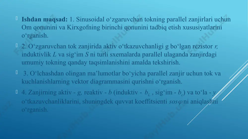 f. o‘zgaruvchan tokni hisoblash nazariyasiga binoan manbadan iste’mol qilinayotgan umumiy tok: yoki bu erda i – zanjirning tarmoqlangan qismidagi tok, a; b- zanjirning reaktiv o‘tkazuvchanligi, c barcha o‘tkazuvchanliklarning o‘lchov birligi kirxgofning birinchi qonuniga ko‘ra o‘zgaruvchan tok zanjirlarida tarmoqlanish nuqtasidagi toklarning geometrik yig‘indisi nolga teng, ya’ni: simens (qisqacha sm) deb belgilanadi. o‘zgaruvchan tok zanjirlarida iste’mol qilinayotgan aktiv quvvat (4.1-rasm, a) (4.1-rasm, a) (4.1-rasm, v) bu erda cos - zanjirning quvvat koeffitsenti; parallel shoxobchalarda iste’mol qilinayotgan aktiv quvvatlar bu erda: rg- aktiv o‘tkazuvchanli rezistor iste’mol qilayotgan quvvat, vt; rf, rs – tegishlicha induktiv g‘altak va kondensator iste’mol qilayotgan aktiv quvvat, vt; cos tegishlicha g‘altakli va kondensatorli shoxobchalarining quvvat koeffitsentlari. butun zanjirning aktiv quvvati parallel shoxobchalar aktiv quvvatlarining algebraik yig‘indisidan iborat, ya’ni: ishni bajarish tartibi 1. laboratoriya stendi bilan tanishib bo‘lgandan so‘ng 4.2-rasmdagi elektr sxemani yig‘ib, uni avtotransformator (latr) yordamida bir fazali tok tarmog‘iga ulanadi. latr ning chiqish qismalaridagi kuchlanishning qiymati o‘qituvchi tomonidan …