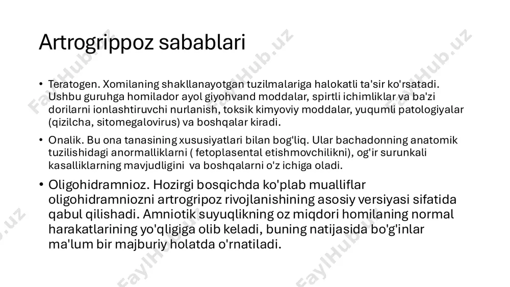 erapevtik mashqlar amalga oshiriladi. etiboriz uchun raxmat! slide 1: artrogrippoz: kasallik haqida ma'lumot slide 2: artrogripoz -qiyshiqlik harakat aʼzolarining tugʻma kasal-ligi; bunda qoʻl-oyoq muskullari yaxshi rivojlanmaganligi uchun ular qingʻir-qiyshiq, boʻgʻimlarda harakat cheklangan boʻladi yoki butunlay boʻlmaydi. slide 3: artrogrippoz sabablari slide 4: kasallikning kelib chiqishi slide 5: kasallikning tasniflanishi slide 6: artrogripoz belgilari slide 7: asoratlari slide 8: kasallikning ko'rinishi slide 9: diagnostikasi slide 10: artrogripozni davolash slide 11: etiboriz uchun raxmat!