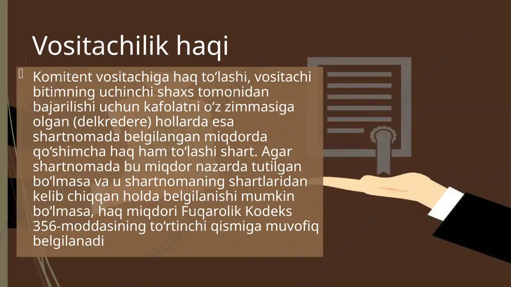 sning mol-mulki ustidan vasiylik belgilash to‘g‘risidagi qarori; qonunda nazarda tutilgan hollarda boshqa yuridik faktlar. obyektlari ishonchli boshqarish obyektlari korxonalar va boshqa mol-mulk komplekslari, ko‘chmas mulkka mansub bo‘lgan alohida obyektlar, qimmatli qog‘ozlar, alohida huquqlar va boshqa mol-mulkdan iborat bo‘lishi mumkin. qonunda ko‘zda tutilgan hollarni istisno etganda, pul ishonchli boshqarishning mustaqil obyekti bo‘la olmaydi. qonunda ko‘zda tutilgan hollarni istisno etganda, pul ishonchli boshqarishning mustaqil obyekti bo‘la olmaydi. mol-mulkni ishonchli boshqarish muassislari: mol-mulkning egasi; yer uchastkasiga meros qilib qoldiriladigan umrbod egalik qilish huquqiga ega bo‘lgan shaxs; vakolatli davlat organi davlat mulki bo‘lgan mol-mulkka nisbatan; mol-mulkka xo‘jalik yurituvi huquqi asosida egalik qiladigan korxona — mulkdorning ruxsati bilan; qonunda nazarda tutilgan hollarda — notarius, vasiylik va homiylik organi, sud yoki boshqa vakolatli organ. mol-mulkni ishonchli boshqaruvchi bo‘lishlari mumkin: fuqaro; yuridik shaxs. mol-mulk davlat organiga ishonchli boshqaruvga berilishi mumkin emas. ishonchli boshqaruvchi faqat o‘z roziligi bilangina tayinlanishi mumkin. ishonchli boshqaruvchidan tashqari har qanday shaxs foyda oluvchi …