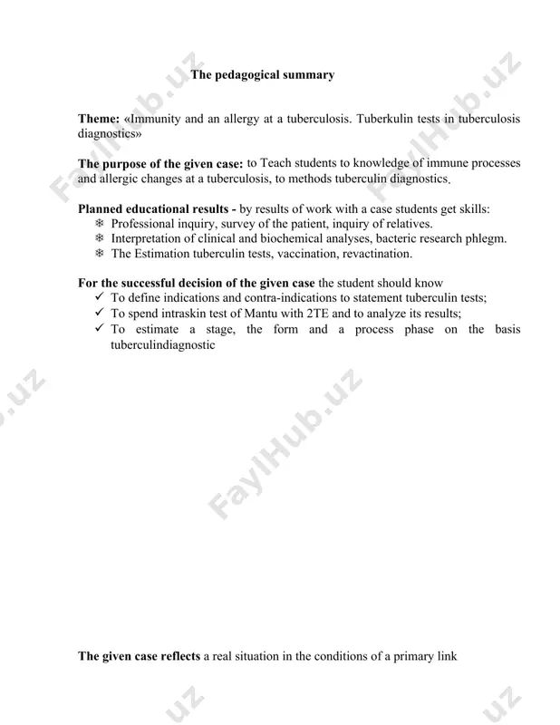 id.anamnesis • contact to a sick tuberculosis denies • contact to other infectious patients denies • preparations of blood did not receive • inektsionnuju denies therapy • on reception at the stomatologist was not. fizikalnyj survey: objectively a condition of the patient of average weight. consciousness clear. integuments pale, pure, damp. hypodermically-fatty cell it is poorly expressed. peripheral lymph nodes are not increased. peripheral hypostases are not present. • the thorax symmetrically participates in the breath certificate. frequency of breath 20 in 1minute. percossoin shortening of a pulmonary sound, auscultatio at the left is defined: here against the weakened breath it is listened mixed damp rattles. • pulse regular - 90/min, the hell 110/70, auscultation hearts - in norm, pathological noise it is not revealed. • the stomach soft, painless. the liver and a spleen are not palpated. the inspections spent in spv, have shown: • gab: нв-100 g\л, ley.-11000 …