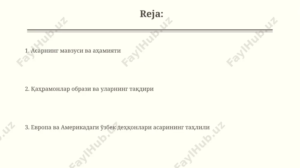 aroitlarning ta'siri rossiya imperiyasi va keyinchalik sovet ittifoqi hududlarida yuz bergan qurg'oqchiliklar va ocharchiliklar, 30% dan ortiq uzbek dehqonlarining ko'chib ketishiga sabab bo'ldi. uzbek dehqonlarining amerikadagi paxta plantatsiyalarida 12 soatlik ish kuni va juda past mehnat haqi bilan ishlashi, ularning iqtisodiy ahvolini yomonlashtirdi. kitobning umumiy tahlili kitob, 1920-yillarning oxiri va 1930-yillar boshlarida oʻzbekiston va amerika qoʻshma shtatlari oʻrtasidagi madaniy almashinuvni 30 ga yaqin oʻzbek dehqonining tajribasi orqali tasvirlaydi. muallif, qishloq xoʻjaligi va ijtimoiy hayotdagi oʻzgarishlarni, shuningdek, 200 dan ortiq suratlar orqali amerika va evropa jamiyatlarining oʻzbek dehqonlariga taʼsirini koʻrsatadi. amerikadagi o'zbek dehqonlari amerikadagi o'zbek dehqonlari 1920-yillardan boshlab, asosan, kaliforniya shtatining qishloq xo'jalik hududlarida 5000 dan ortiq oilalar bilan mehnatga jalb qilingan. 1930-yillardagi buyuk depressiyasi davrida, amerikadagi o'zbek dehqonlarining 30% dan ortig'i ishsizlik va qashshoqlikka duch kelgan, bu ularning hayot darajasini keskin pasaytirgan. e'tiboringiz uchun rahmat @taqdimot_robot image2.jpg image3.jpg image4.jpg image5.jpg image6.jpg image7.jpg image8.jpg