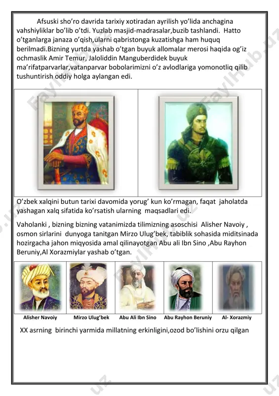 xoyirasi ” yodgorlik majmui bunyod etildi. (tug’ruqxona to’g’risida yarador turna) vatanni aslida vatan qilganlar, erk uchun jonlarin gulxan qilganlar. tillarin kessalar,ko’zlarin o’ysa, bir biriga dil bilan suxanlik qilganlar. yovning yaxshisi yo’q degan ham ular, zog’ning baxshisi yo’q degan ham ular. millatning ko’ksida bo’y cho’zgan chinor, har dilda ko’klamdek ko’karib kelgan, vatanni aslida vatan qilganlar. maqtov malham bo’lmas,bil qurbonlarga, oyatda orom bor shahid jonlarga. qo’llarin duoga katta och elim, shukrona joizdir erkli onlarga. vatanni aslida vatan qilganlar, el uchun jonlarin gulxan qilganlar. toshkent shaxrida mustaqillik maydonining bir tomonida joylashgan o’zbekona naqshinkorayvonlar bilan o’ralgan xotira maydoni doim sukutda. maydon to’rida jigar go’shasini kutib,uning xotirasi qarshisida bosh egib o’tirgan motomsaro ona siymosi. bu haykal hech kimni befarq qoldirmaydi. ona poyidan gulchambarlar arimaydi. ustunli ayvonlar ostida ikkinchi jahon urushiga ketib,qaytib kelmagan vatandoshlarimiz ismi-sharfi bitilgan oltinrang sahifalar joylashgan. kelganlar duoyi fotiha o’qidilar. odamzod uzoq umr ko’radi. elim deb,yurtim deb barakali mehnat qiladi. bazilar vatan uchun …