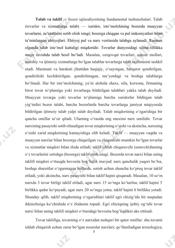 koʻproq tovar taklif etiladi, yoki aksincha, narx pasayishi bilan taklif hajmi qisqaradi. masalan, 10 soʻm narxda 3 tovar birligi taklif etiladi, agar narx 15 soʻmga koʻtarilsa, taklif hajmi 5 birlikka qadar koʻpayadi, agar narx 20 soʻmga yetsa, taklif hajmi 6 birlikka yetadi. shunday qilib, taklif miqdorining oʻzgarishlari taklif egri chizigʻida bir nuqtadan ikkinchisiga koʻchishida oʻz ifodasini topadi. egri chiziqning ijobiy ogʻishi tovar narxi bilan uning taklifi miqdori oʻrtasidagi bevosita bogʻliqdikni aks ettiradi. tovar taklifiga, tovarning oʻz narxidan tashqari bir qator omillar: shu tovarni ishlab chiqarish uchun zarur boʻlgan resurslar narxlari; qoʻllaniladigan texnologiya; soliqlar va dotatsiyalar; taqchillik yoki narxlar oʻzgarishlarini kutish; bozordagi sotuvchilar soni va boshqa taʼsir koʻrsatadi. mas., resurelarning arzonlashuvi muayyan tovarni ishlab chikarish xarajatlarini kamaytiradi, bu esa uning taklifi oʻsishini stimullaydi. taklifning oʻziga taʼsir koʻrsatadigan omillar oʻzgarishlariga, birinchi navbatda, narx oʻzgarishlariga sezgirligi taklif elastikligi deb ataladi. t. va t.ning tub mazmuni ularning narx orqali oʻzaro aloqadorlikda mavjud boʻlishidir. bu …
