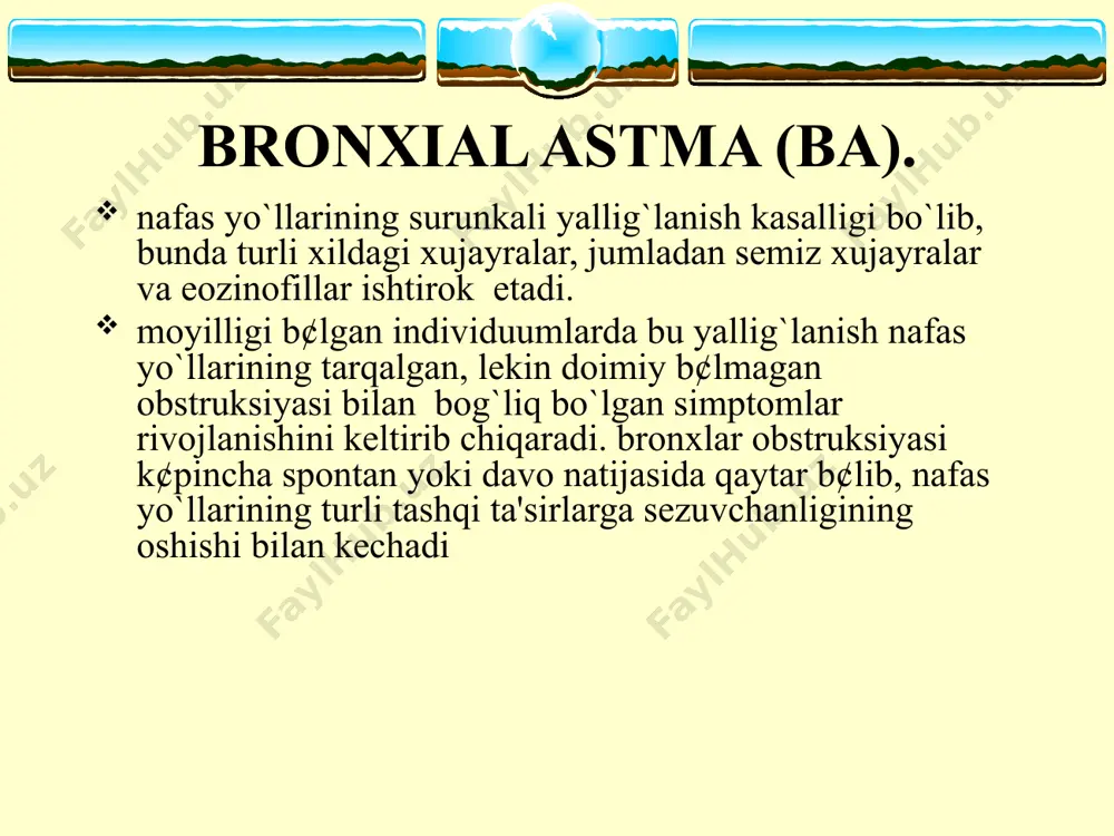 rda yallig`lanish belgilari, shilliq qavatining shishi, shilliq tiqin, silliq mushaklar giperplaziyasi, bazal membrana qalinlashishi va dezorganizasiyasi aniqlanadi. bronxial astmada endobronxial biopsiyada bronx epiteliysining ko’chishi, shilliq qavat eozinofil infiltrasiyasi ko`riladi. bronxlar yuvindi suvida ko`p miqdorda epitelial, semiz xujayralar, eozinofillar va limfositlar topiladi. кliniка shikoyatlar va anamnez ekspirator xansirash va/yoki yo`tal xurujlari masofadan xushtaksimon xirillashlar eshitilishi ko`krak qafasida og`irlik xissi ob’ektiv ekspirator xansirash burun kataklarini nafas olganda kengayishi quzg`alish nafas aktida qo`shimcha mushaklar ishtiroki majburiy xolat perkussiyada: emfizema shakllanganda qutisimon perkutor tovush auskultasiyada: qurug` xushtaksimon va g`o`ngillovchi xirillashlar xamda nafas chiqarish fazasining uzayishi ba diagnostikasi va og`irlik darajasini aniqlash qaytalanuvchi xirillashlar epizodlari kechasi va erta tongda iztirobli yo`tal va xirillashlar jismoniy zo`riqishdan so`ng yo`tal va xirillashlar allergen yoki pollyutantlar bilan kontaktdan keyin yo`tal, xirillashlar yoki ko`krak qafasida og`irlik his qilish tumov, keyinchalik «ko`krakka tushadi» yoki 10 kundan ortiq davom etadi astmaga qarshi dorilar qabul qiladimi agar qabul qilsa, qancha vaqt oralig`ida imkoniyat …