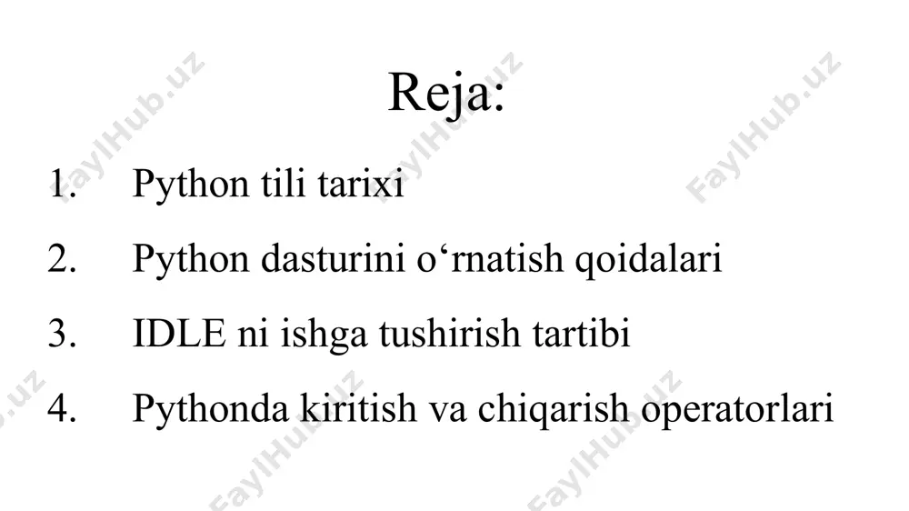 vo sirki” komediyasining muxlisi edi va o‘zi yaratgan tilni monti payton nomiga python deb atadi (ilon nomiga emas). til tezda ommalashdi. bu dasturlash tiliga qiziqqan va tushunadigan foydalanuvchilar soni ko‘paydi. boshida bu juda oddiy til edi. shunchaki kichik interpretator bir nechta funksiyalarga ega edi. 1991-yil birinchi oyd(obyektga yo‘naltirilgan dasturlash) vositalari paydo bo‘ldi. bir qancha vaqt o‘tib gvido gollandiyadan amerikaga ko‘chib o‘tdi. uni nri korparatsiyasiga ishlashga taklif etishdi. u o‘sha yerda ishladi va korparatsiya shug‘ullanayotgan proektlarni python tilida yozdi va bo‘sh ish vaqtlarida tilni interpretatorini rivojlantirib bordi. bu 1990-yil python 1.5.2 versiyasi paydo bo‘lguncha davom etdi. gvidoning asosiy vaqti korparatsiyani proektlarini yaratishga ketardi bu esa unga yoqmasdi. chunki uning python dasturlash tilini rivojlantirishga vaqti qolmayotgandi. shunda u o‘ziga tilni rivojlantirishga imkoniyat yaratib bera oladigan homiy izladi va uni o‘sha paytlarda endi tashkil etilgan beopen firmasi qo‘llab quvvatladi. u cnri dan ketdi, lekin shartnomaga 8 binoan u python 1.6 versiyasini chiqarib berishga …
