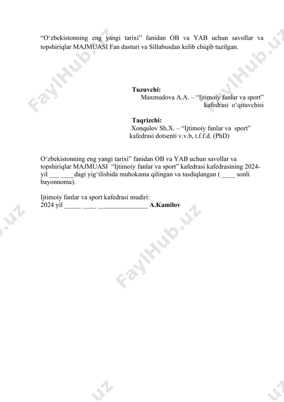 14. mustaqillik deklarasiyasi va 1991 yil avgust voqealari. 15. sovet davlatining tanazzulga yuz tutishi. 16. mustaqillik arafasida respublikadagi siyosiy ahvol 17. mustaqillikning e’lon qilinishi. o‘zbekiston resrublikasining tashkil etilishi 16. o‘zbekiston respublikasi davlat ramzlarining qabul qilinishi. 17. mustaqil o‘zbekistonda davlat boshqaruv hokimiyati va uning boʻlinish prinsipi 18. o‘zbekistonda parlament tizimi va undagi islohotlar 19. o‘zbekistonda ko’rrartiyaviylik tizimi va siyosiy partiyalar faoliyati. 20. o‘zbekistonda ijro etuvchi xokimyat va undagi islohotlar 21.oʻzbekistonda bozor munosabatlariga oʻtishning oʻziga xos yoʻli. taraqqiyotning “oʻzbek modeli.” 22. oʻzbekistonda sud xokimyati tizimi 23.o‘zbekiston respublikasida bozor munosabatlarining shakllanishi, uning yo‘nalishlari, bosqichlari va xususiyatlari. 22. o‘zbekistonda parlament tizimi va undagi islohotlar. 23. kuchli ijtimoiy siyosat konsepsiyasining shakllanishi, uning yo‘nalishlari, bosqichlari va xususiyatlari. 24. o‘zbekistonda ijtimoiy siyosatning asosiy yo’nalishlari 25. yangi o‘zbekistonda maxalla institutida ko‘rsatilayotgan ijtimoiy xizmatlar 26.o‘zbekiston respublikasining yangi tahrirdagi konstitutsiyasining umumxalq tomonidan qabul qilinishi (2023 y. 30 aprel). topshiriq mavzulari (talabalar uchun mustaqil ish mavzulari) 1. ix-xii asrlarda mamlakatimiz hududida …