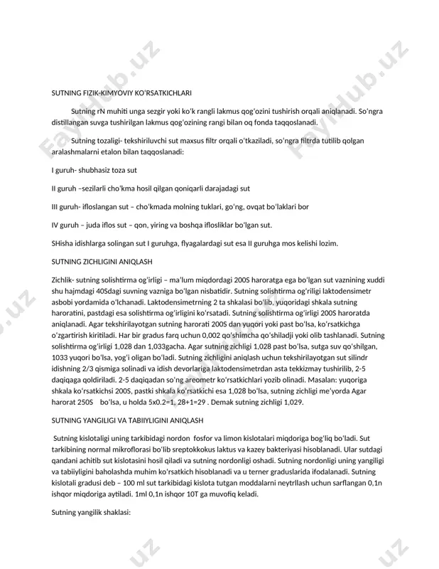 . sutning zichligini aniqlash zichlik- sutning solishtirma og‘irligi – ma’lum miqdordagi 200s haroratga ega bo‘lgan sut vaznining xuddi shu hajmdagi 40sdagi suvning vazniga bo‘lgan nisbatidir. sutning solishtirma og‘riligi laktodensimetr asbobi yordamida o‘lchanadi. laktodensimetrning 2 ta shkalasi bo‘lib, yuqoridagi shkala sutning haroratini, pastdagi esa solishtirma og‘irligini ko‘rsatadi. sutning solishtirma og‘irligi 200s haroratda aniqlanadi. agar tekshirilayotgan sutning harorati 200s dan yuqori yoki past bo‘lsa, ko‘rsatkichga o‘zgartirish kiritiladi. har bir gradus farq uchun 0,002 qo‘shimcha qo‘shiladji yoki olib tashlanadi. sutning solishtirma og‘irligi 1,028 dan 1,033gacha. agar sutning zichligi 1,028 past bo‘lsa, sutga suv qo‘shilgan, 1033 yuqori bo‘lsa, yog‘i oligan bo‘ladi. sutning zichligini aniqlash uchun tekshirilayotgan sut silindr idishning 2/3 qismiga solinadi va idish devorlariga laktodensimetrdan asta tekkizmay tushirilib, 2-5 daqiqaga qoldiriladi. 2-5 daqiqadan so‘ng areometr ko‘rsatkichlari yozib olinadi. masalan: yuqoriga shkala ko‘rsatkichsi 200s, pastki shkala ko‘rsatkichi esa 1,028 bo‘lsa, sutning zichligi me’yorda agar harorat 250s bo‘lsa, u holda 5x0.2=1, 28+1=29 . demak sutning …
