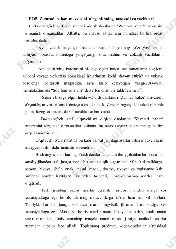 ertak matni she`r matnidan, ilmiy-ommabop maqola matni masal janriga taalluqli asarlar matnidan tubdan farq qiladi. topishmoq predmet, voqea-hodisalar o`rtasidagi o`xshashlikni taqqoslash orqali o`zlashtirilsa, maqollar mazmuni hayotiy misollar vositasida sharhlashni taqozo etadi. shunga ko`ra, turli janrdagi badiiy asarlarni o`qishda o`qituvchidan unga mos usullar tanlash talab etiladi. biz shularni e`tiborga olgan holda aynan shu bo’limga kirgan she`riy, ilmiy-ommabop, rivoyat, topishmoq, tez aytishlar janridagi asarlarni o’rganish uslubiyoti xususida to’xtalib fikr yuritishni o’rinli deb bildik. she`rni o`qish uslubiyoti. she`r - ohang jihatidan ma`lum bir tartibga solingan, his-tuyg’u ifodasi sifatida vujudga kelgan hayajonli ritmik nutq. she`riy nutqni ohang jihatidan ma`lum bir tartibga solish vositalari ritm (bir-biriga monand kichik bo`laklarning izchil va bir me`yorda takrorlanib kelishi) va qofiya (misralarning oxirida keladigan ohangdosh so`zlar) hisoblanadi3. she`rni o`qiganda kichik yoshdagi o`quvchilar tabiat va jamiyat voqea- hodisalarining poetik tasviridan hayajonlanishlari muhim ahamiyatga ega. boshlang’ich sinflarda she`r tarzida yozilgan hikoyalar, ertaklar, ya`ni she`riy asarlar va lirik she`rlar o`qitiladi. she`riy hikoyada …