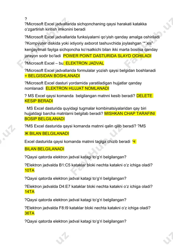 icrosoft excel jadvallarida formulalar yozish qaysi belgidan boshlanadi = belgisidan boshlanadi ?microsoft excel dasturi yordamida yaratiladigan hujjatlar qanday nomlanadi elektron hujjat nomlanadi ? ms excel qaysi komanda belgilangan matnni kesib beradi? delete kesip beradi ms excel dasturida quyidagi tugmalar kombinatsiyalaridan qay biri hujjatdagi barcha matnlarni belgilab beradi? mishkan chap tarafini bosip belgilanadi ?ms excel dasturida qaysi komanda matnni qalin qilib beradi? ?ms ж bilan belgilanadi excel dasturida qaysi komanda matnni tagiga chizib beradi ч bilan belgilanadi ?qaysi qatorda elektron jadval katagi to‘g‘ri belgilangan? ?elektron jadvalda b1:c5 kataklar bloki nechta katakni o‘z ichiga oladi? 10ta ?qaysi qatorda elektron jadval katagi to‘g‘ri belgilangan? ?elektron jadvalda d4:e7 kataklar bloki nechta katakni o‘z ichiga oladi? 14ta ?qaysi qatorda elektron jadval katagi to‘g‘ri belgilangan? ?elektron jadvalda f8:i9 kataklar bloki nechta katakni o‘z ichiga oladi? 36ta ?qaysi qatorda elektron jadval katagi to‘g‘ri belgilangan? ?elektron jadvalda b11:e13 kataklar bloki nechta katakni o‘z ichiga oladi? 12ta ?qaysi qatorda …