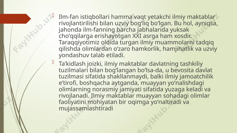 , f.nomozovlar axborot texnologiyalari va ulardan o‘quv jarayonida foydalanish bo‘yicha ilmiy izlanishlar olib bormoqdalar. biokimyo va tuproqshunoslik maktabi - 1960 yillarda professor mark rish tomonidan tashkil qilingan mikroelementlar muammoviy ilmiy tadqiqot laboratoriyasi bazasida shakllandi. yaylovli yerlar tuprog‘ining hosildorligini yaxshilash, hayvonlar qon tarkibining biokimyoviy xususiyatlari masalalarini o‘rganish yo‘lga qo‘yilgan. kimyo maktabi - faoliyati dosent n.zokirov, professor y.kurbatov tomonidan 1950-1960 yillarda yo‘lga qo‘yilgan. bugungi kunda ushbu maktab vakillari professorlar a.nasimov, e.abduraxmonov, n.muxammadiyev, n.fayzullayevlar, dosentlar z.normurodov, u.norqulov, s.tillayev, sh.saidqulovlardir. iqtisodiy nazariya ilmiy maktabi - 1930 yillarda professorlar n.bixovskiy va a.revalar tomonidan asos solingan. ilmiy maktab vakillaridan b.safarov, n.arabovlar doktorlik dissertasiyalarni himoya qilishdi. yoshlardan s.alibekova, d.usmanova, a.taniyev, a.nizamov, i.ergashevlar doktorlik dissertasiyalari bo‘yicha izlanishlar olib borishmoqda. pedagogika maktabi - 1960 yillarda prof. a.yefimov tomonidan yaratildi. bu maktabda professor n.shodiyev rahbarligida o’nlab olimlar tadqiqot olib borishmoqda. hozirgi paytda n.kiyamov, k.xasanova, sh.taylanova, sh.o‘roqov, sh.mustafoyev, a.ibragimovlar ilmiy tadqiqot ishlarini davom ettirmoqdalar. ilmiy ishlarning turlari: ilmiy-tadqiqiy, ilmiy-ommabop va ilmiy-uslubiy …