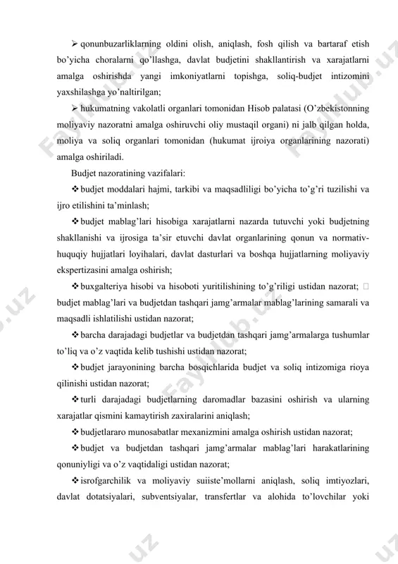 soslanganini anglatadi, ularni tuzish, tasdiqlash, ijro etish tartibi tegishli normativ hujjatlar bilan belgilanadi. tizimlilik prinsipi nazorat tadbirlarini o’tkazishda nazorat ob’ek-tining barcha tomonlari va uning o’zaro aloqalari vertikal va gorizontal boshqaruv tizimlari bo’yicha ko’rib chiqilishini nazarda tutadi. uzluksizlik prinsipi barcha nazorat ob’ektlari (boshqariladigan tizim) nazorat sub’ektlari (tizimni boshqaruvchilar) tomonidan doimiy ravishda amalga oshiriladigan dastlabki operativ va davriy nazorat, ularning faoliyatlari shartlari va xususiyatlaridan kelib chiqib belgilangan muddatlarda nazorat ostida bo’lishini anglatadi. bu rejalar va vazifalarning bajarilishi ustidan doimiy kuzatishni, belgilangan ko’rsatkichlardan og’ishlar aniqlanganda faoliyatga tuzatishlar kiritish choralari ko’rilishini ta’minlaydi. nazoratning samaraliligi prinsipi moliya-xo’jalik faoliyatidagi me’yordan og’ishlarni va ularning sabablarini o’z vaqtida va to’liq aniqlashda, shuningdek yuz bergan salbiy holatlarni tezkorlik bilan bartaraf etish va etkazilgan moddiy zararni o’z vaqtida qoplashda namoyon bo’ladi. oshkoralik prinsipi jamiyat e’tiboriga ommaviy axborot agentligi orqali turli moliyaviy-reja hujjatlari loyihalarini, ularning ijrosi bo’yicha berilgan hisobotlarni, moliyaviy faoliyatni tekshirish va taftish qilish natijalari mazmunini etkazishda namoyon bo’ladi. mustaqillik …